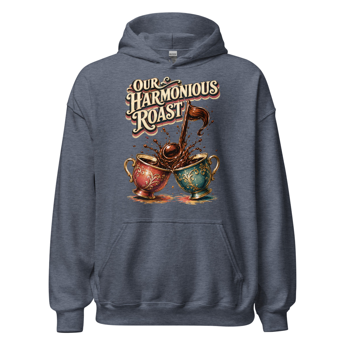 Coffee Lovers Unisex Hoodie Our Harmonious Roast – Musical Coffee Cups & Splatter Graphic Pullover by printfluence.net