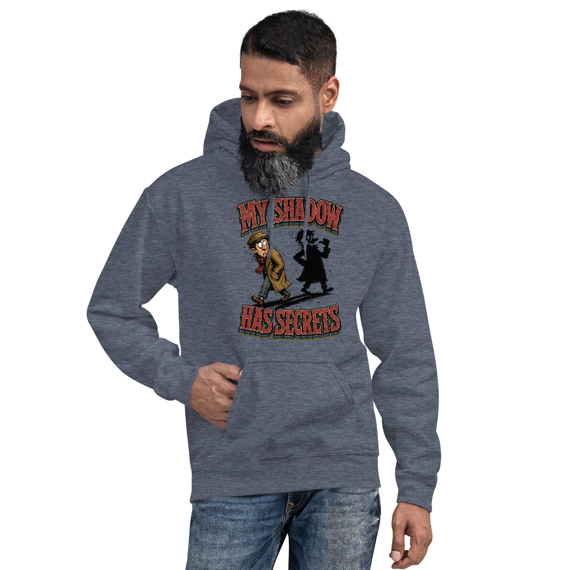 Horror & Mystery Lovers Unisex Heavyweight Fleece Hoodie with "My Shadow Has Secrets" Design by printfluence.net