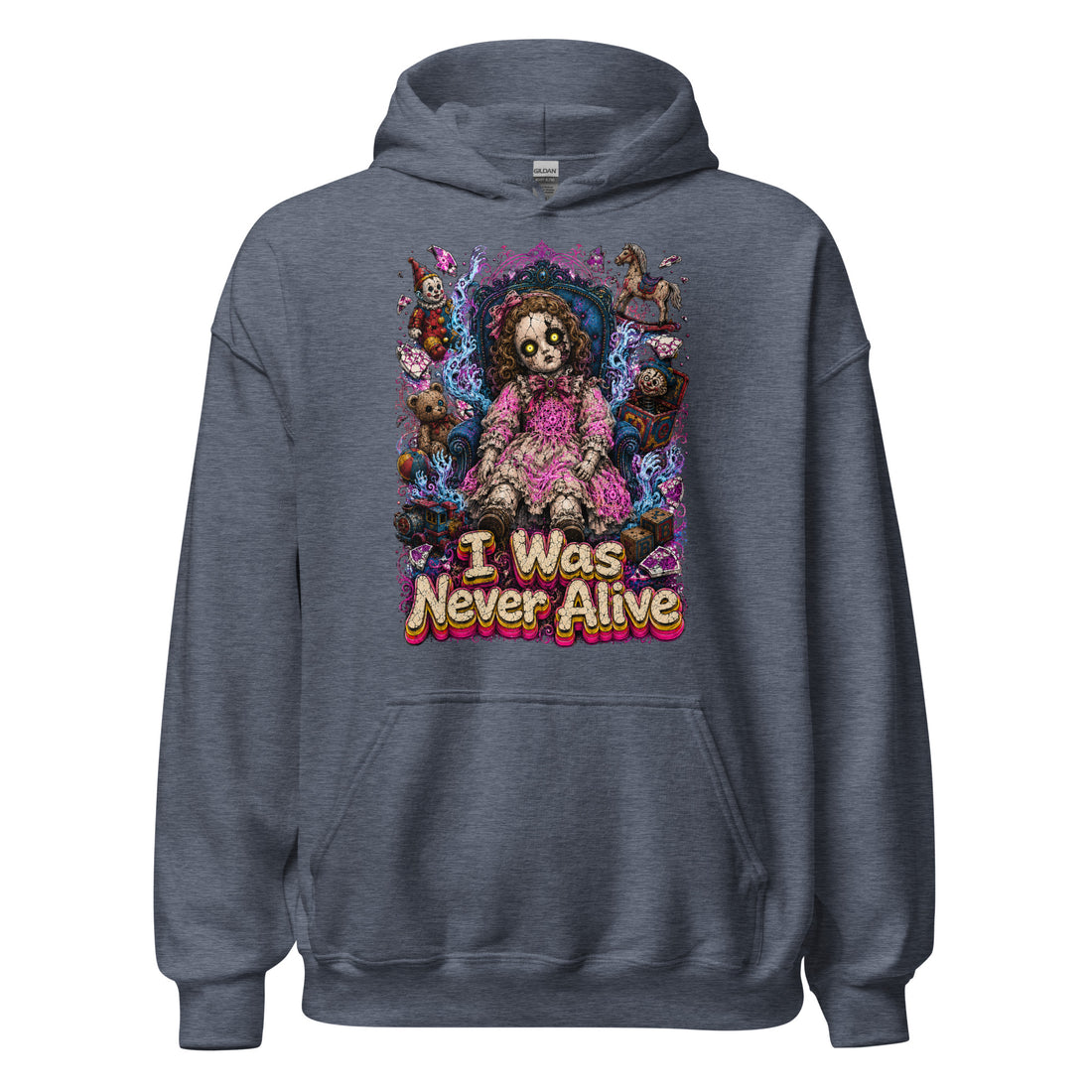 Horror & Mystery Lovers Unisex Heavy Blend Hoodie with Creepy Porcelain Doll and "I Was Never Alive" Design by printfluence.net