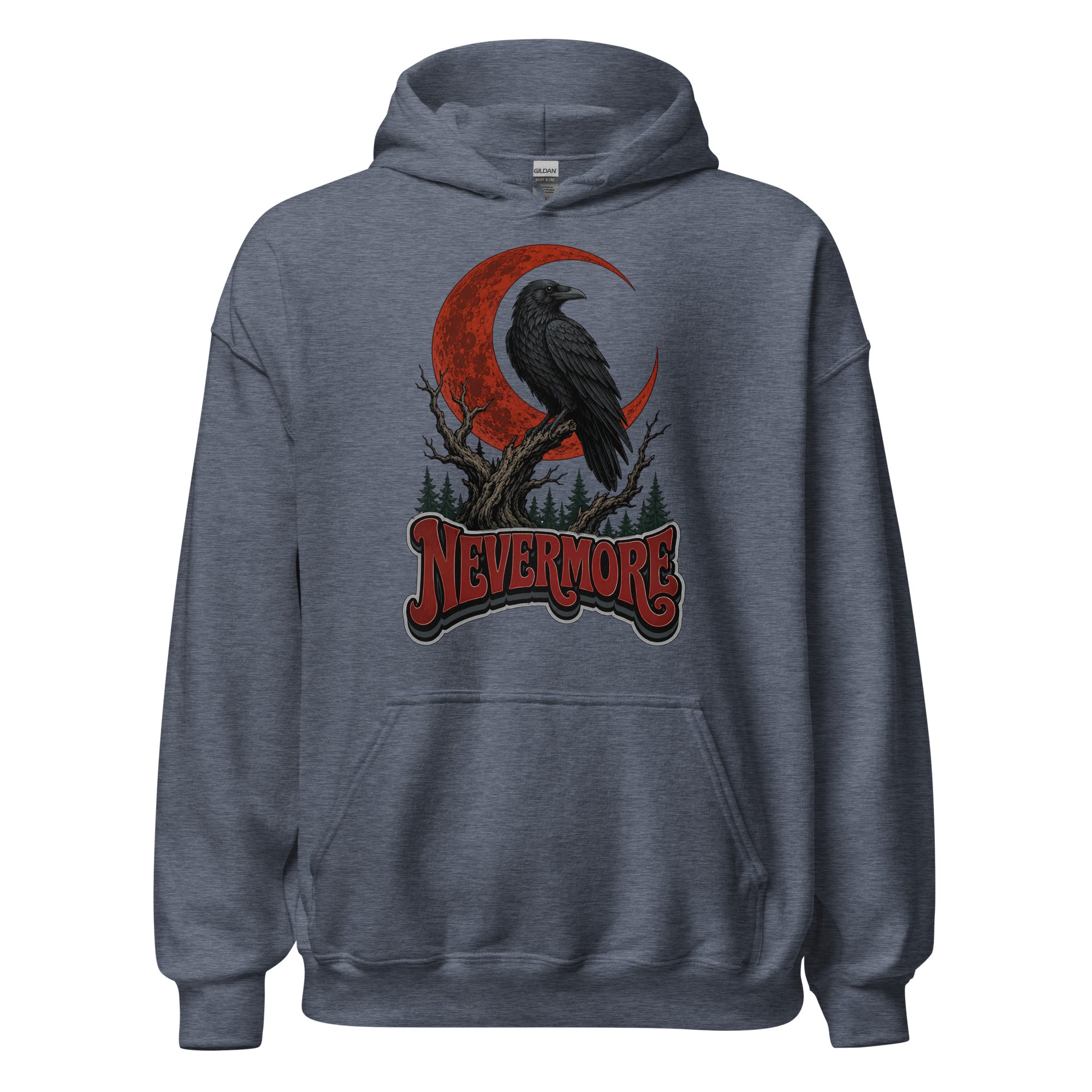 Horror & Mystery Lovers Unisex Heavy Blend Hoodie — "Nevermore" Blood Moon Raven and Dead Tree Design by printfluence.net