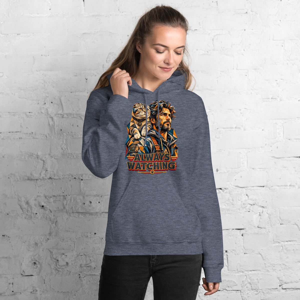 Cat Lovers Unisex Heavy Blend Hoodie – Scottish Fold "Always Watching" Geometric Cat Design by printfluence.net