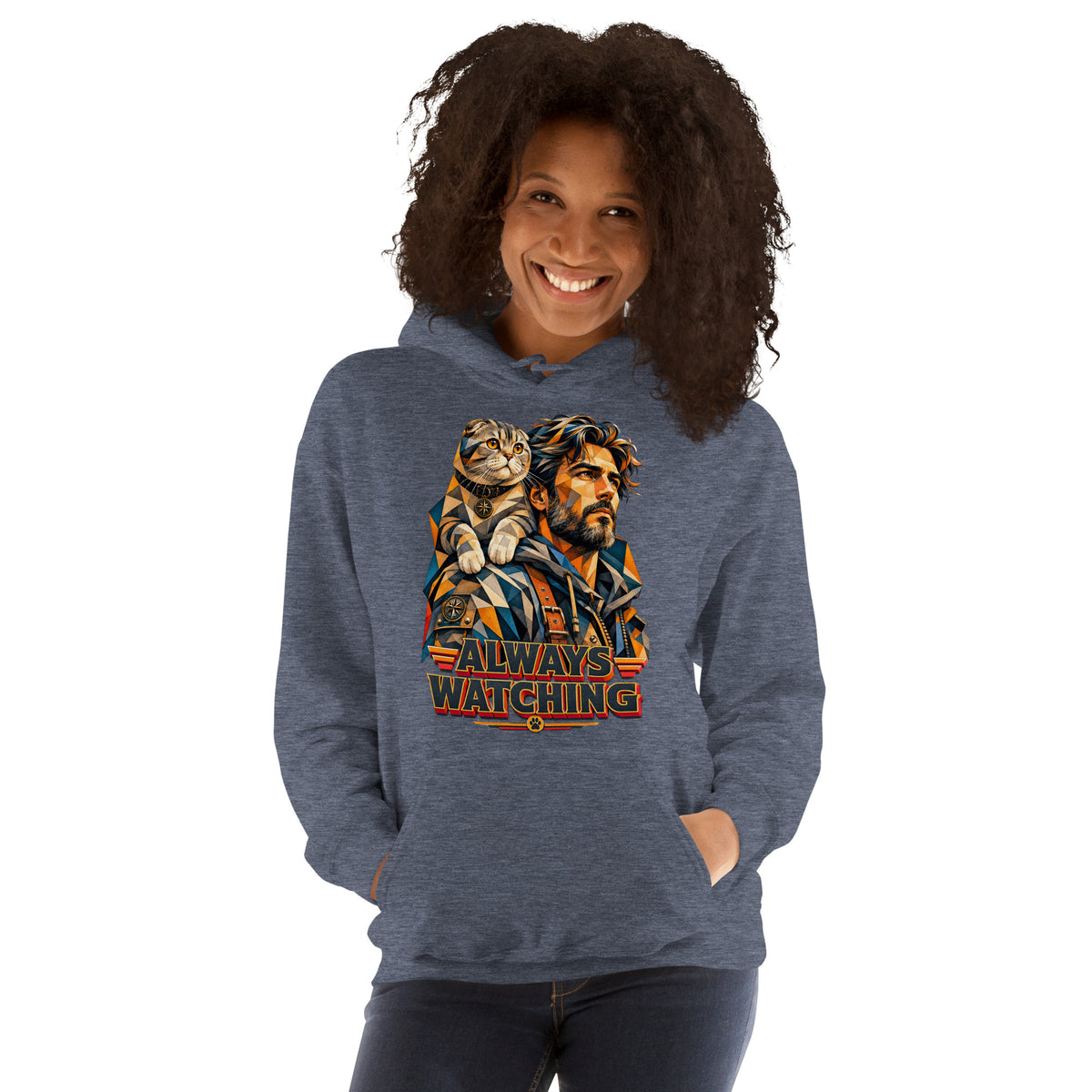 Cat Lovers Unisex Heavy Blend Hoodie – Scottish Fold "Always Watching" Geometric Cat Design by printfluence.net