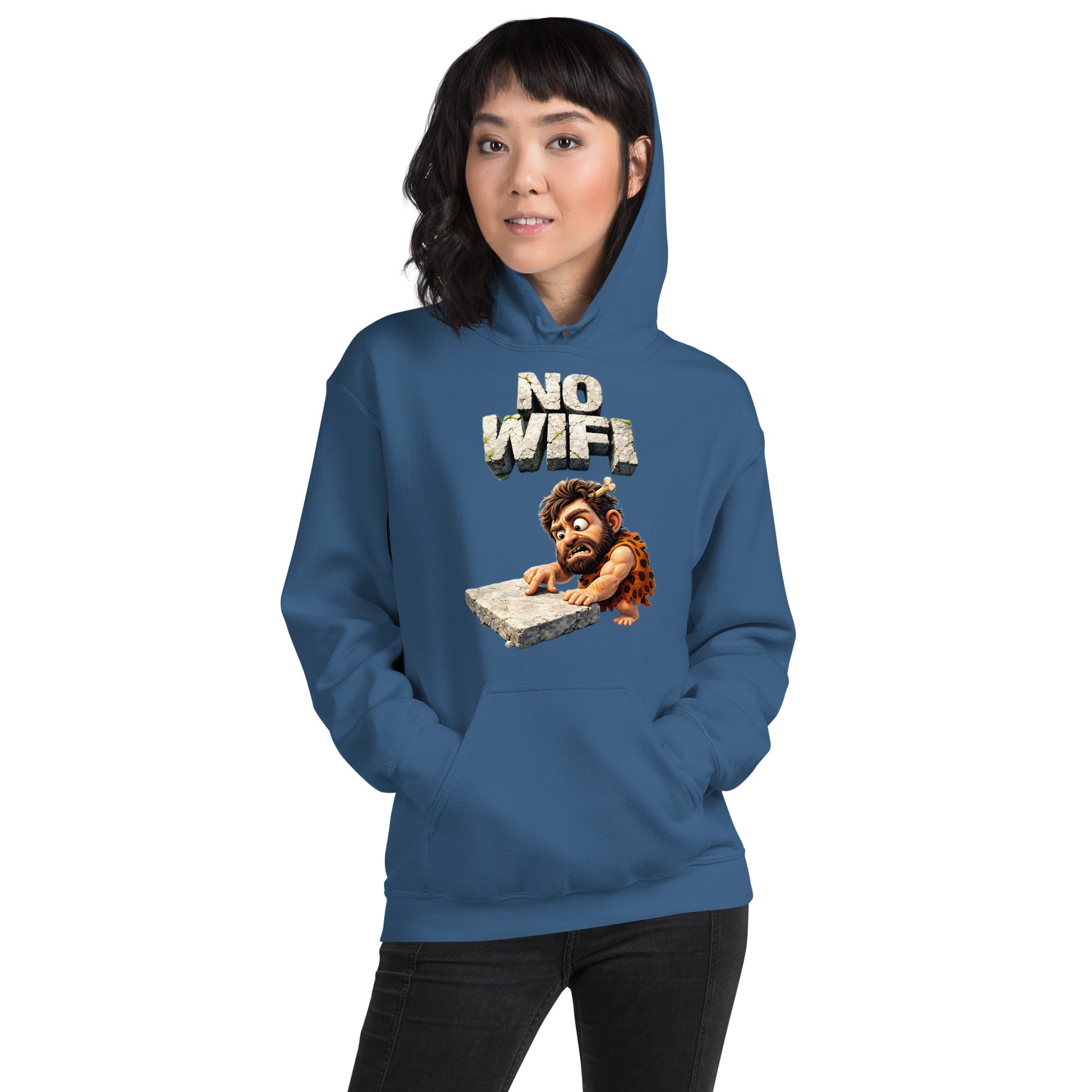 Unisex Hoodie - Prehistoric Struggle: "NO WIFI" Funny Caveman Unisex Hoodie 🦴📴 by printfluence.net