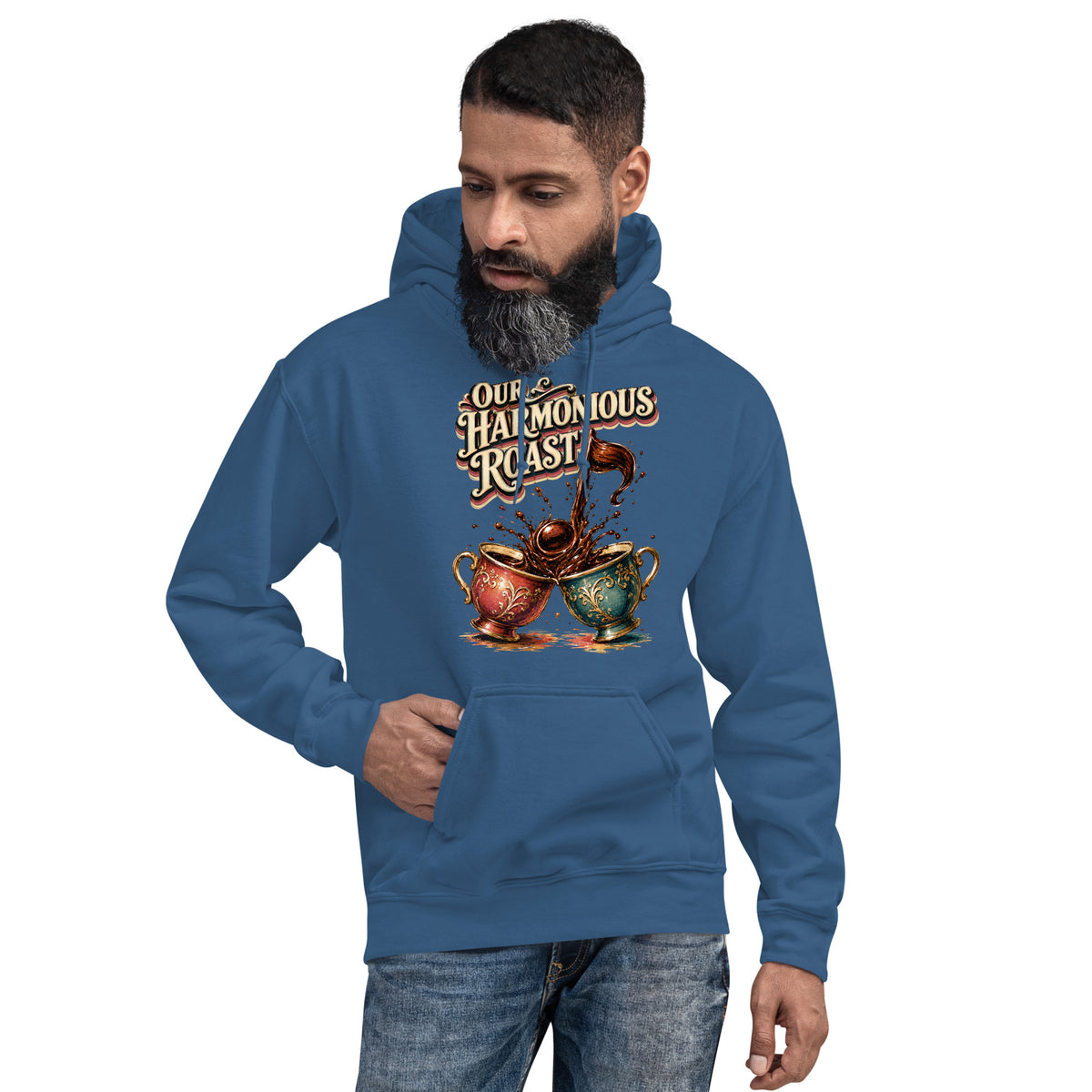 Coffee Lovers Unisex Hoodie Our Harmonious Roast – Musical Coffee Cups & Splatter Graphic Pullover by printfluence.net