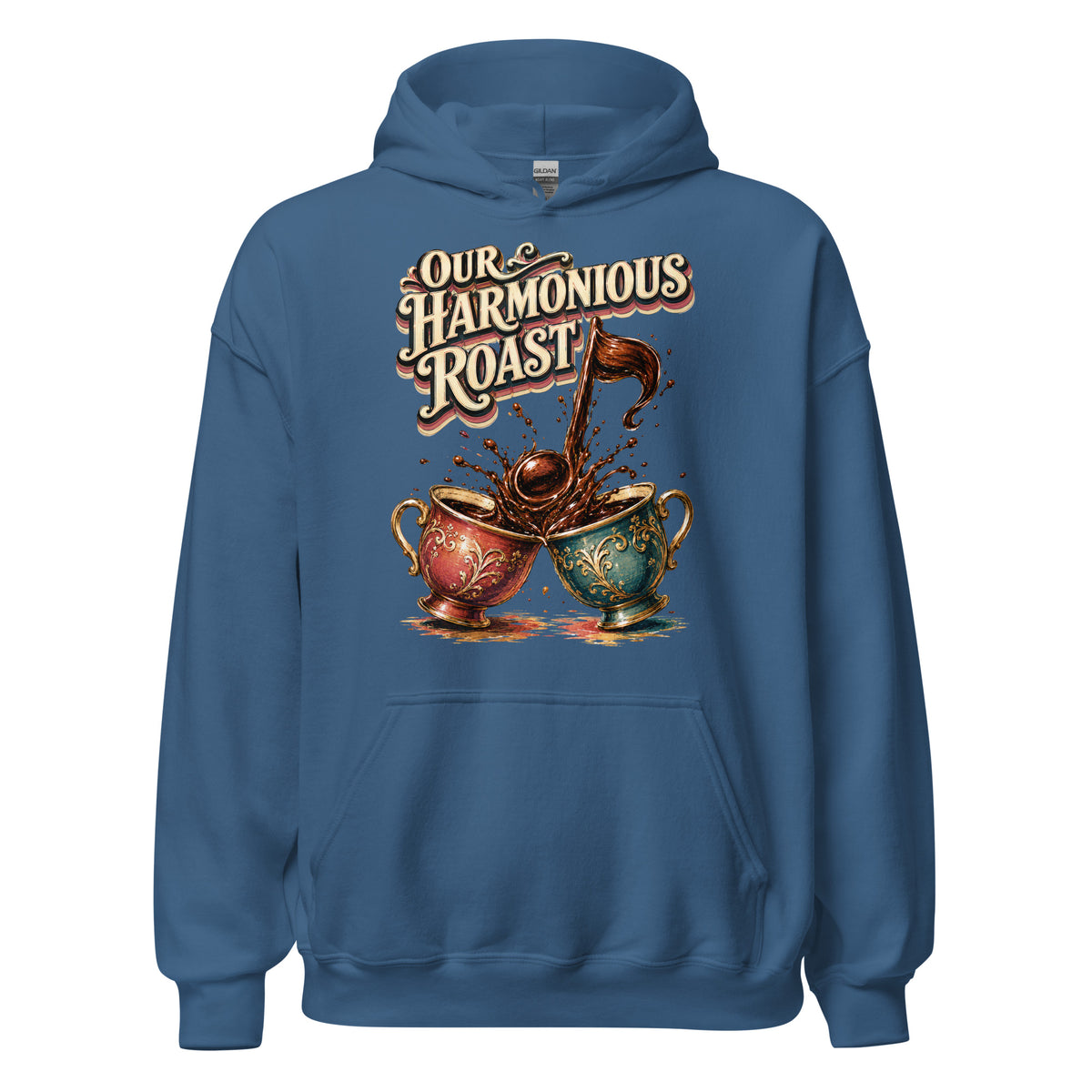 Coffee Lovers Unisex Hoodie Our Harmonious Roast – Musical Coffee Cups & Splatter Graphic Pullover by printfluence.net