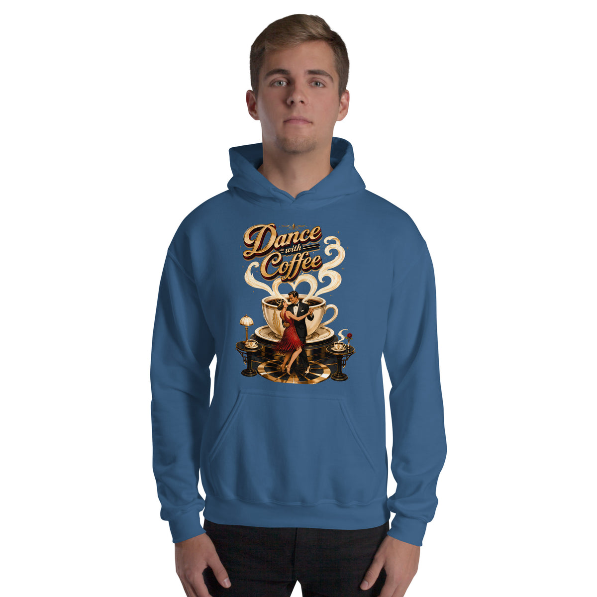 Coffee Lovers Unisex Hoodie Dance with Coffee – Art Deco Dancer & Giant Cup Graphic Pullover by printfluence.net