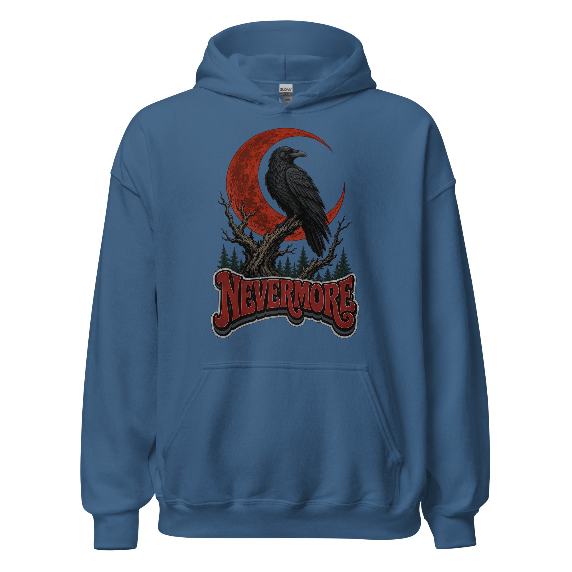 Horror & Mystery Lovers Unisex Heavy Blend Hoodie — "Nevermore" Blood Moon Raven and Dead Tree Design by printfluence.net