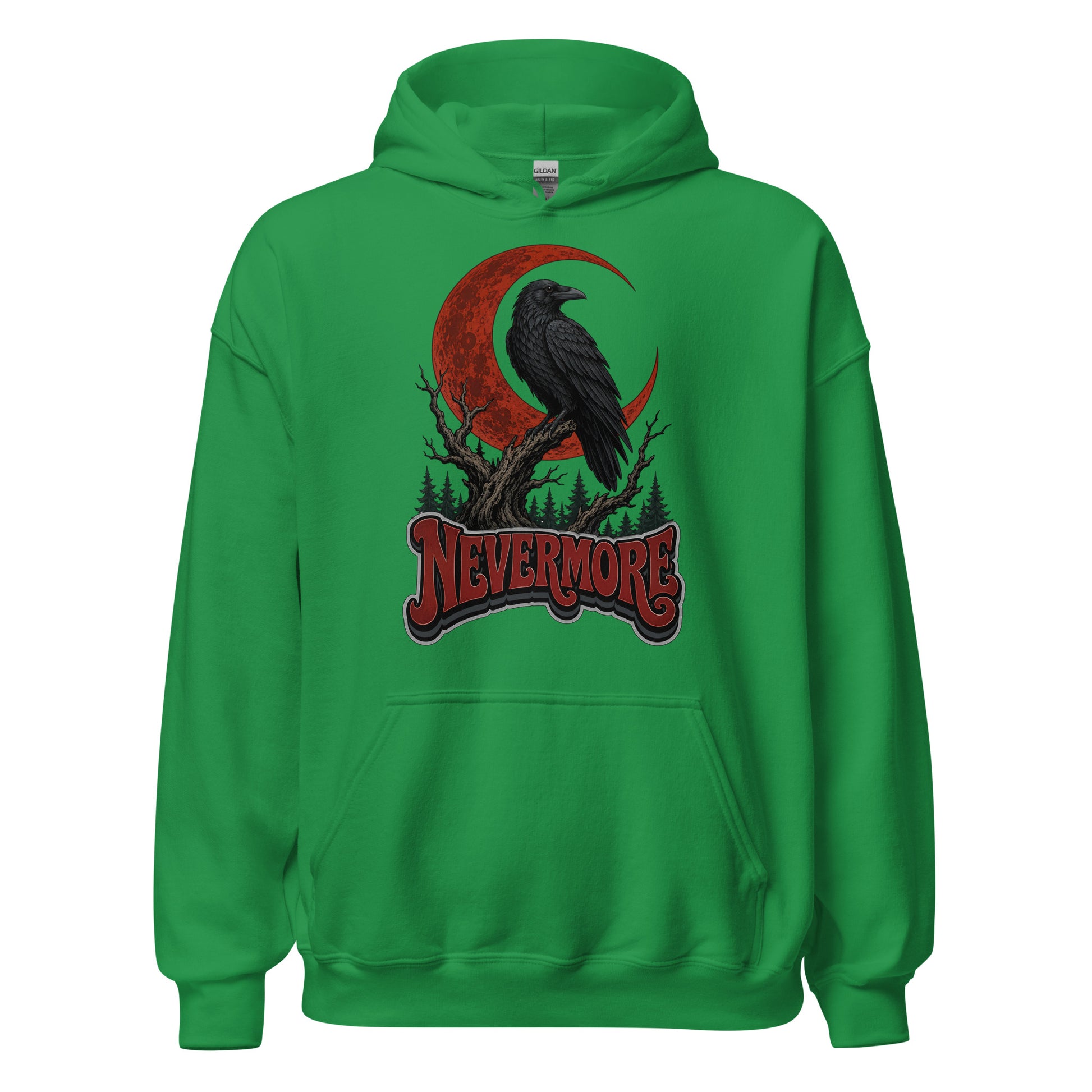 Horror & Mystery Lovers Unisex Heavy Blend Hoodie — "Nevermore" Blood Moon Raven and Dead Tree Design by printfluence.net