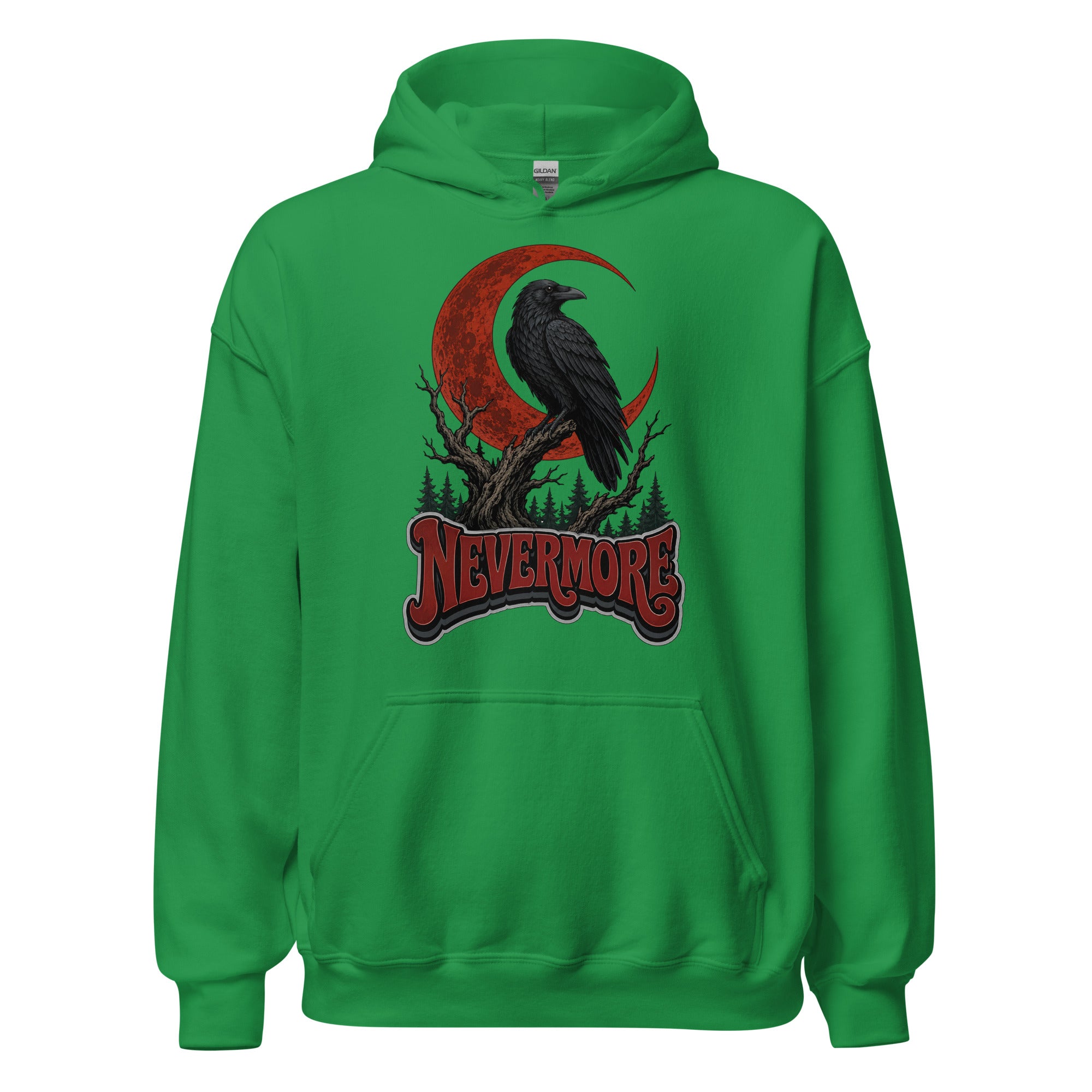 Horror & Mystery Lovers Unisex Heavy Blend Hoodie — "Nevermore" Blood Moon Raven and Dead Tree Design by printfluence.net
