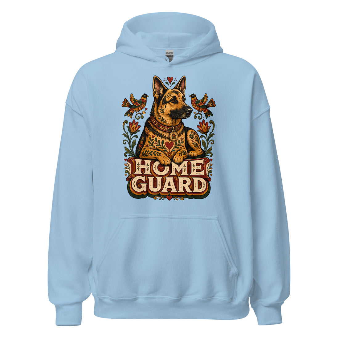 German Shepherd Lovers Unisex Heavy Blend Hoodie | Folk Art "Home Guard" Graphic Sweatshirt by printfluence.net