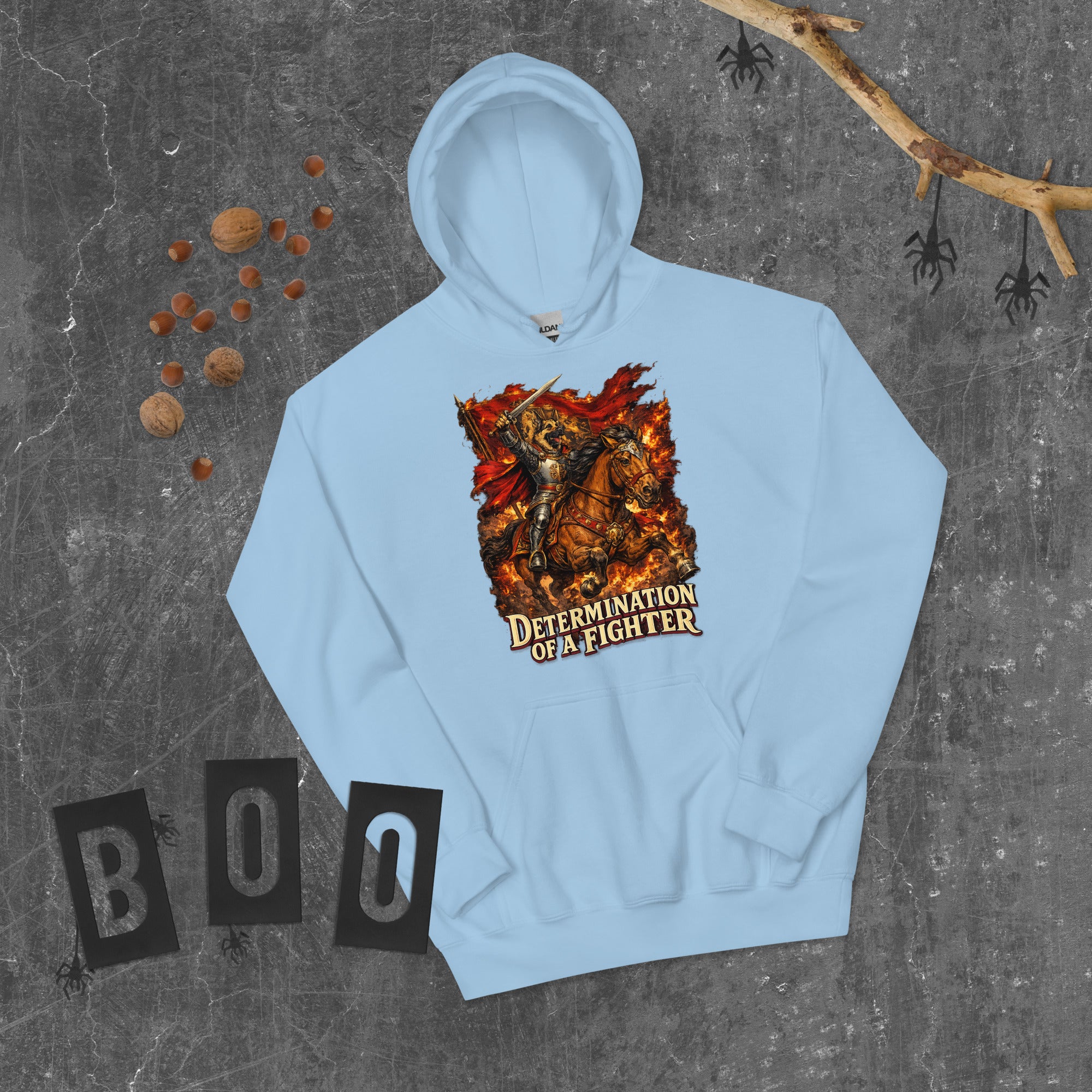 German Shepherd Lovers Unisex Hoodie | "Determination of a Fighter" Medieval Knight Graphic Sweatshirt by printfluence.net