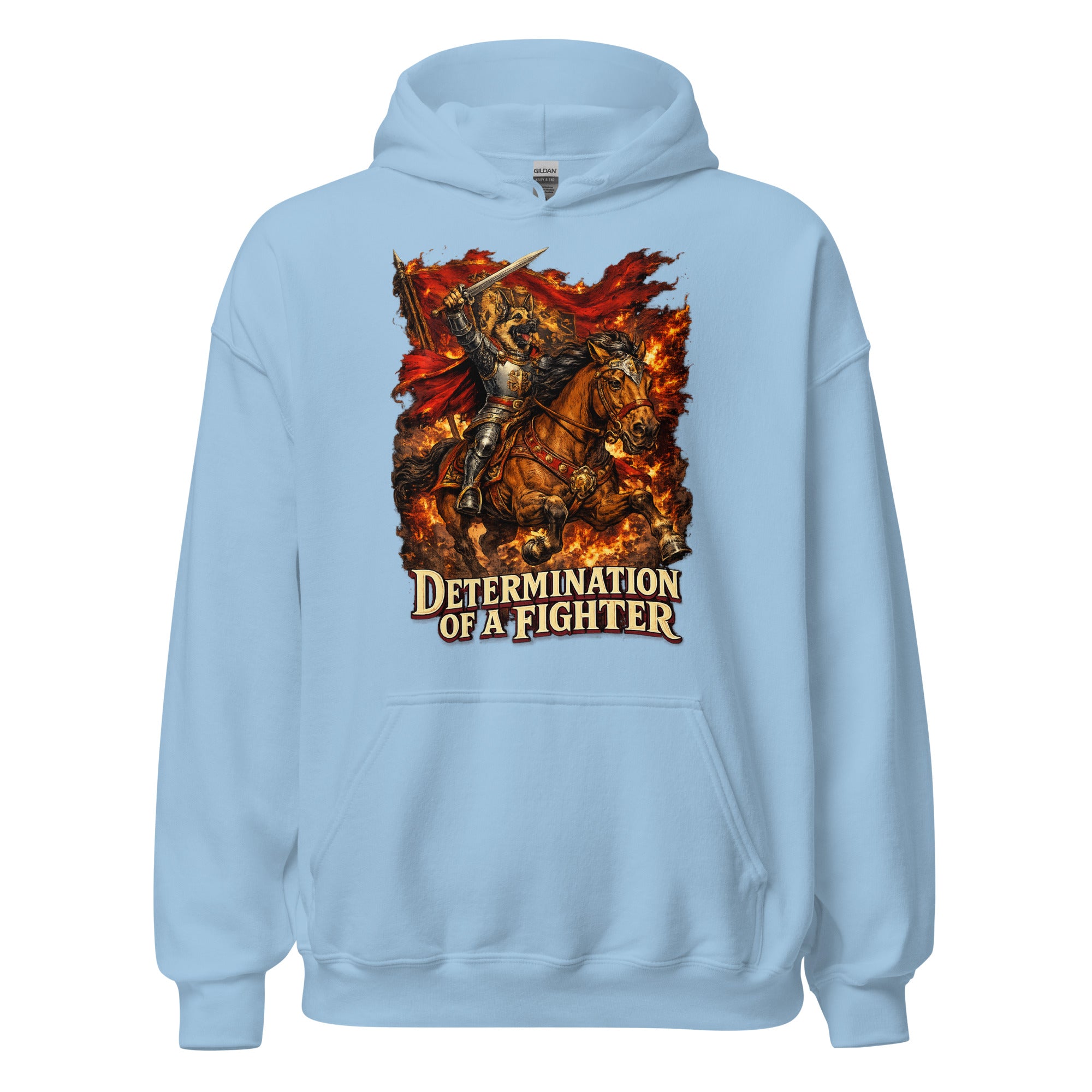 German Shepherd Lovers Unisex Hoodie | "Determination of a Fighter" Medieval Knight Graphic Sweatshirt by printfluence.net