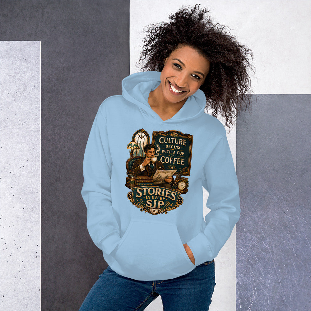 Coffee Lovers Unisex Hoodie Stories in Every Sip – Vintage Gentleman & Intellectual Coffee Graphic Pullover by printfluence.net