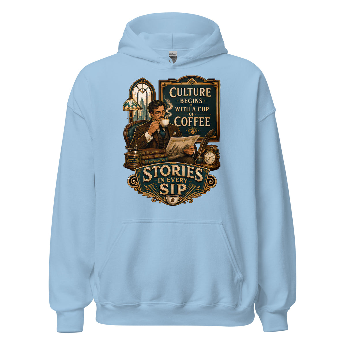 Coffee Lovers Unisex Hoodie Stories in Every Sip – Vintage Gentleman & Intellectual Coffee Graphic Pullover by printfluence.net