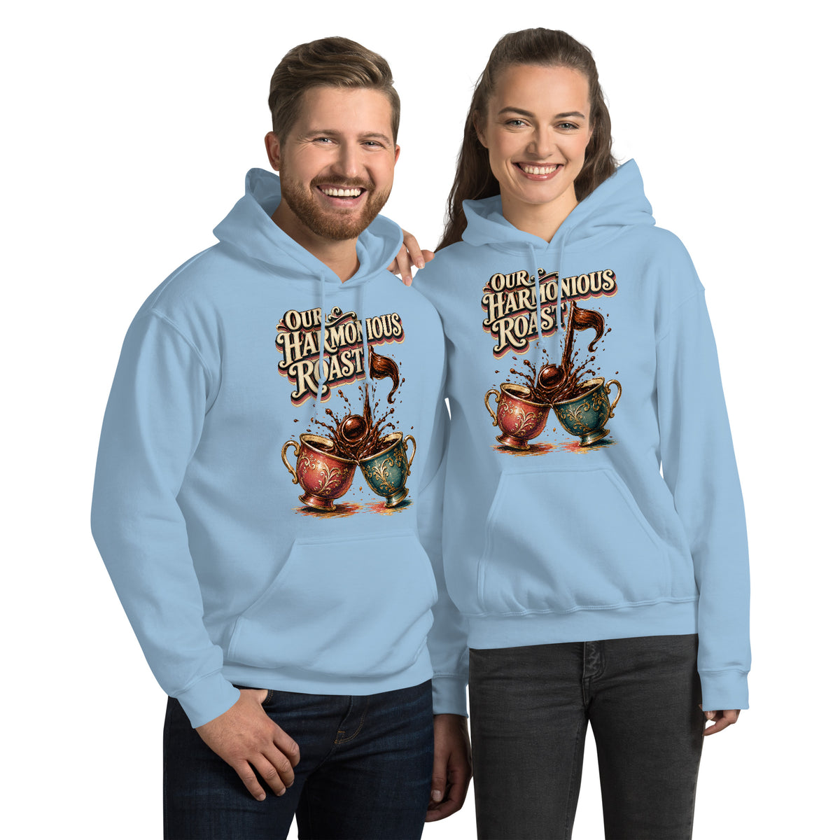 Coffee Lovers Unisex Hoodie Our Harmonious Roast – Musical Coffee Cups & Splatter Graphic Pullover by printfluence.net