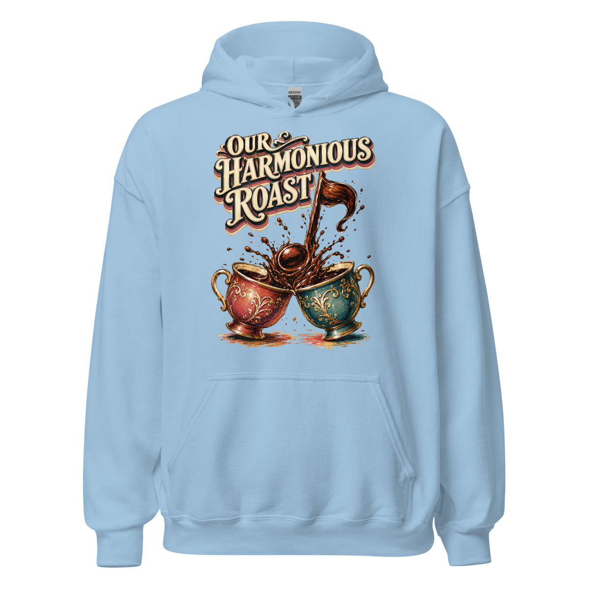 Coffee Lovers Unisex Hoodie Our Harmonious Roast – Musical Coffee Cups & Splatter Graphic Pullover by printfluence.net