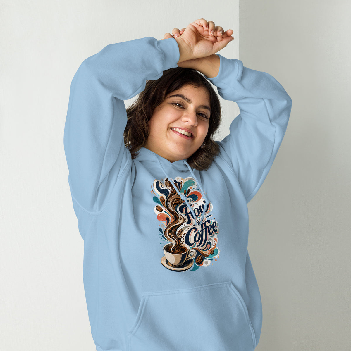 Coffee Lovers Unisex Hoodie Flow with Coffee – Abstract Swirl & Coffee Bean Graphic Pullover by printfluence.net