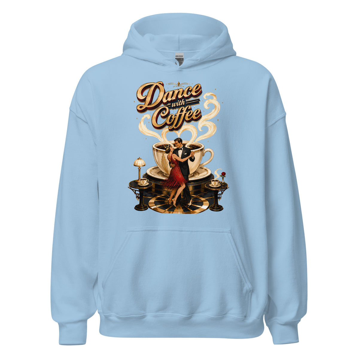Coffee Lovers Unisex Hoodie Dance with Coffee – Art Deco Dancer & Giant Cup Graphic Pullover by printfluence.net