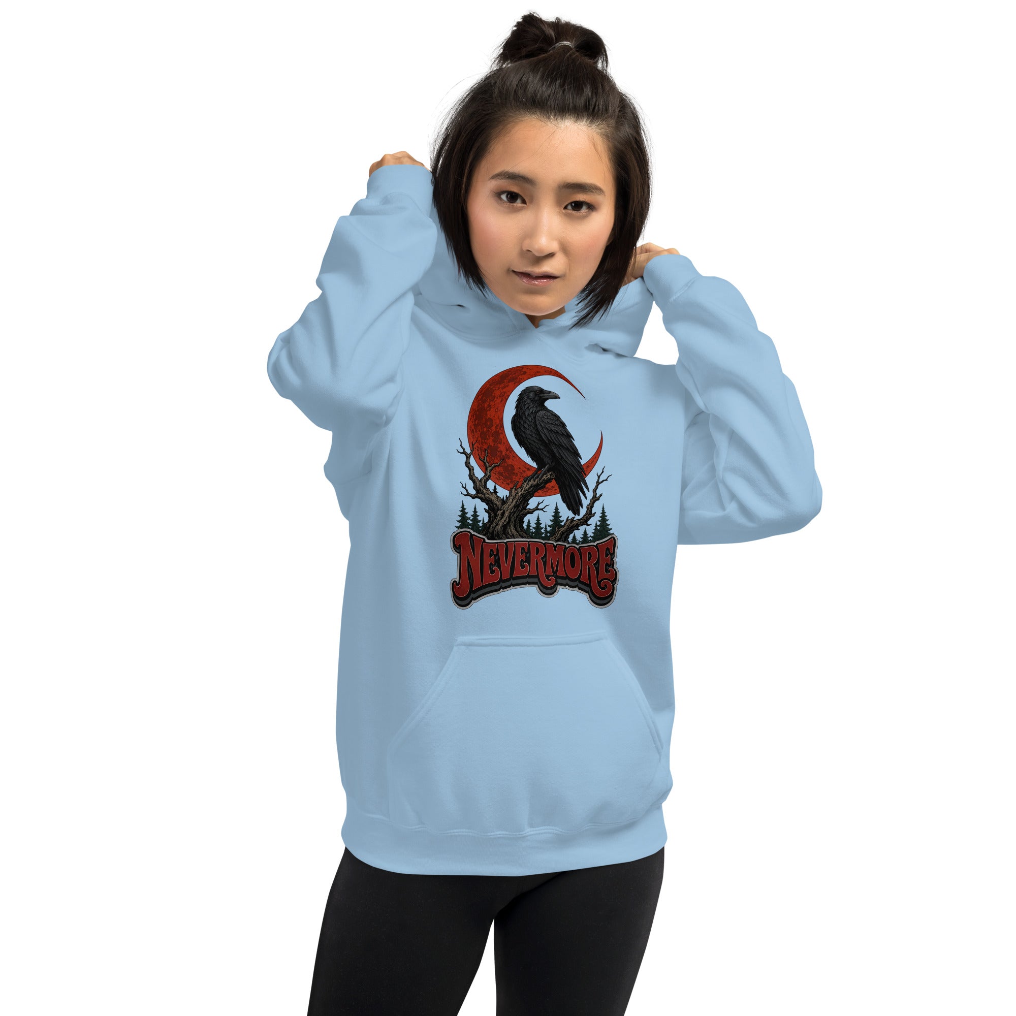 Horror & Mystery Lovers Unisex Heavy Blend Hoodie — "Nevermore" Blood Moon Raven and Dead Tree Design by printfluence.net