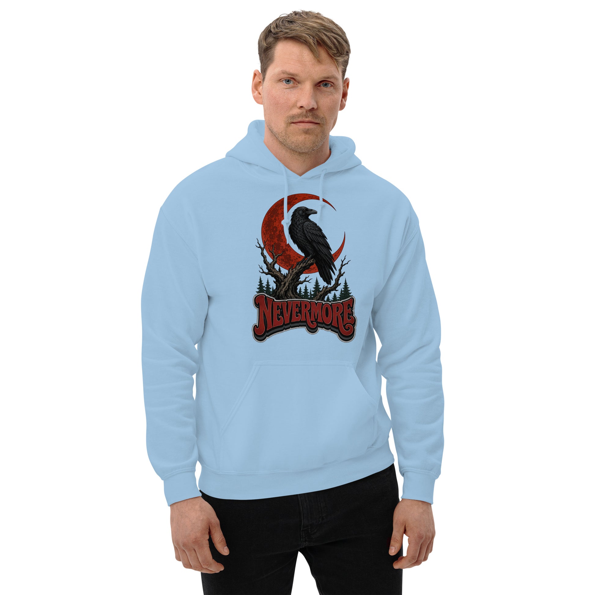 Horror & Mystery Lovers Unisex Heavy Blend Hoodie — "Nevermore" Blood Moon Raven and Dead Tree Design by printfluence.net