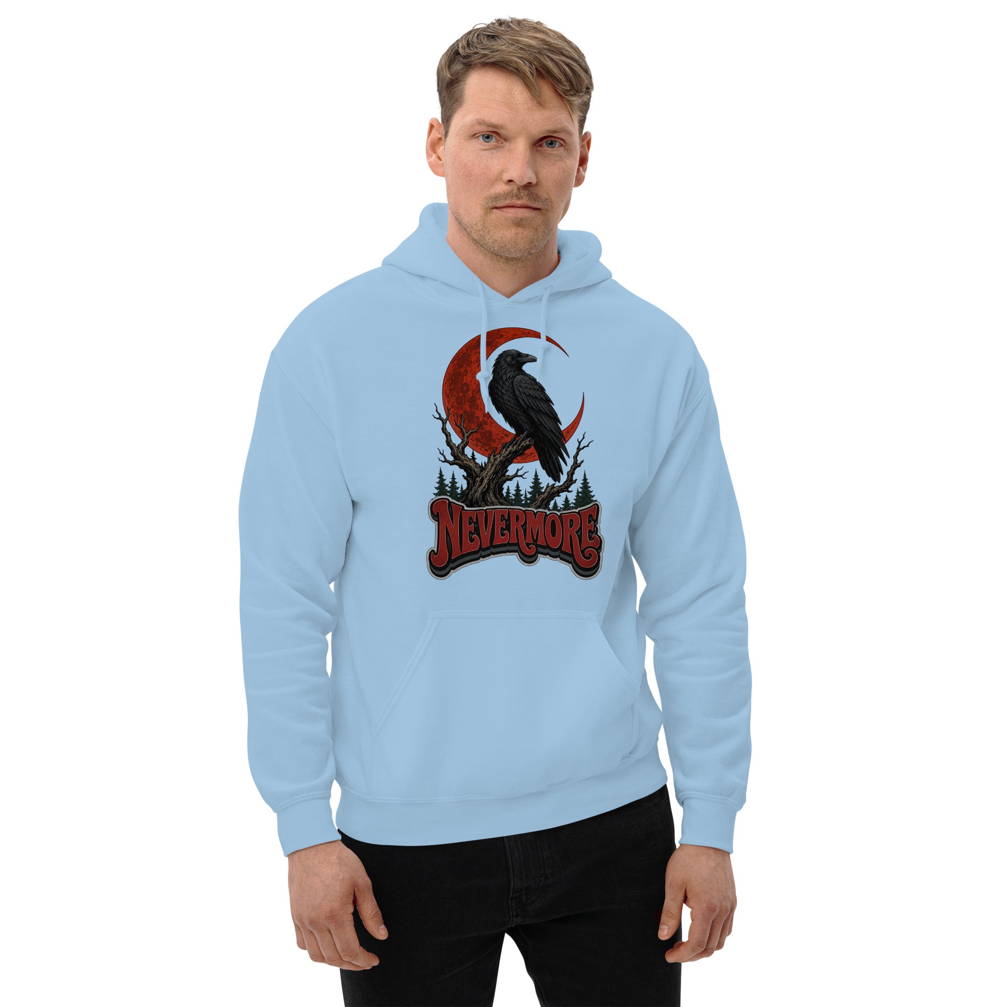 Horror & Mystery Lovers Unisex Heavy Blend Hoodie — "Nevermore" Blood Moon Raven and Dead Tree Design by printfluence.net