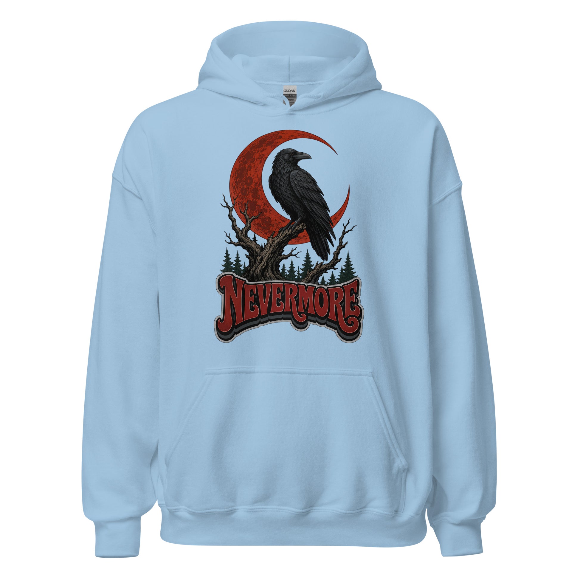 Horror & Mystery Lovers Unisex Heavy Blend Hoodie — "Nevermore" Blood Moon Raven and Dead Tree Design by printfluence.net