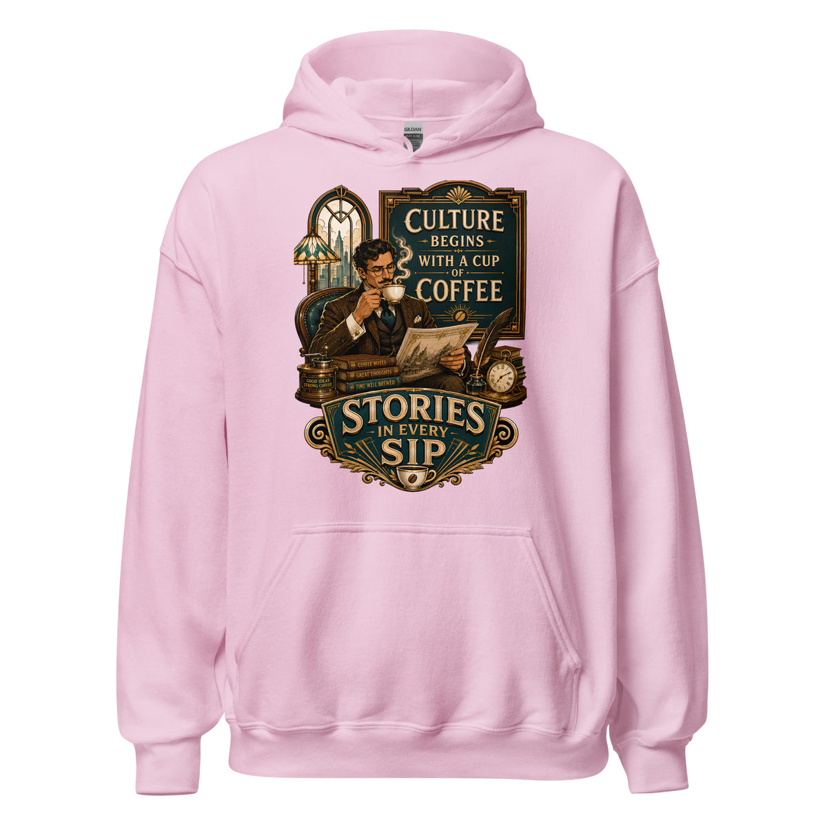Coffee Lovers Unisex Hoodie Stories in Every Sip – Vintage Gentleman & Intellectual Coffee Graphic Pullover by printfluence.net
