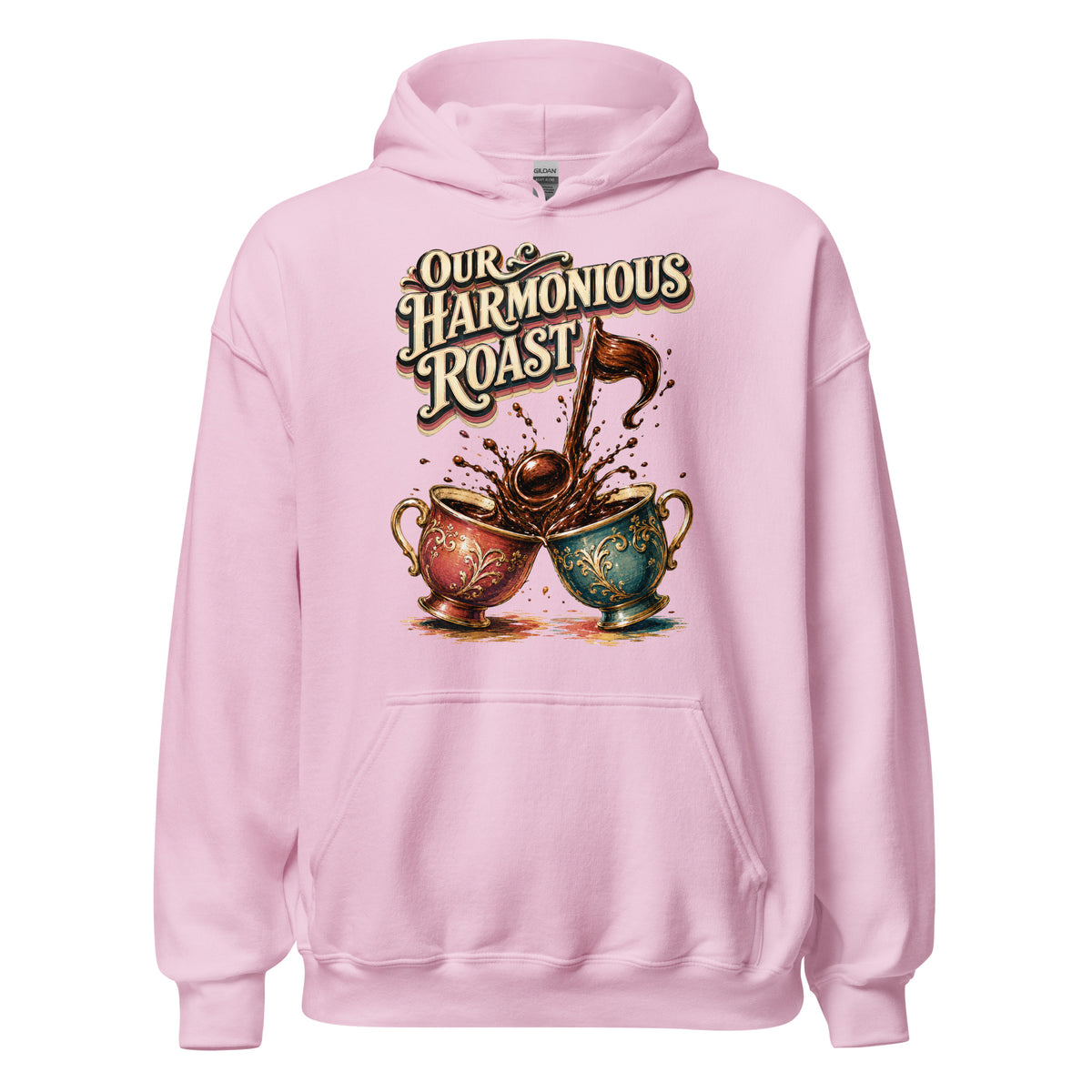 Coffee Lovers Unisex Hoodie Our Harmonious Roast – Musical Coffee Cups & Splatter Graphic Pullover by printfluence.net