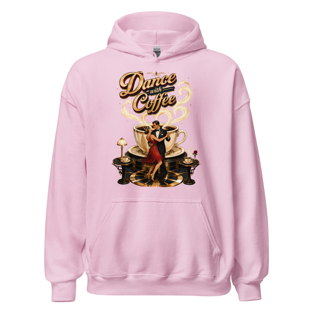 Coffee Lovers Unisex Hoodie Dance with Coffee – Art Deco Dancer & Giant Cup Graphic Pullover by printfluence.net