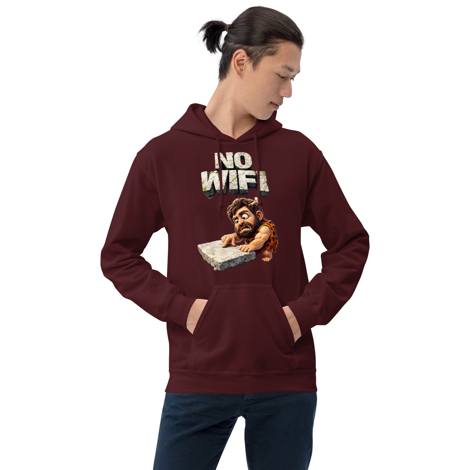 Unisex Hoodie - Prehistoric Struggle: "NO WIFI" Funny Caveman Unisex Hoodie 🦴📴 by printfluence.net