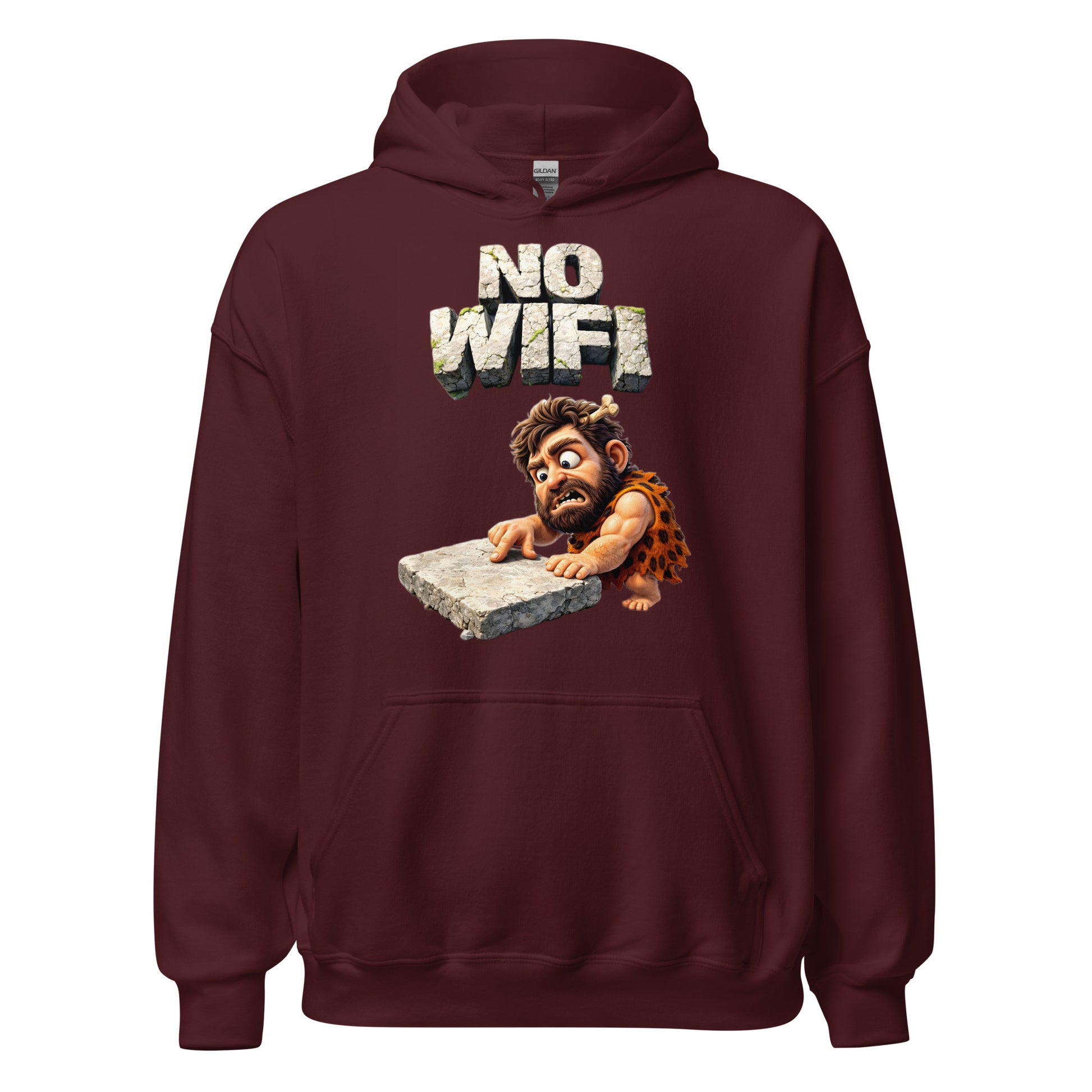 Unisex Hoodie - Prehistoric Struggle: "NO WIFI" Funny Caveman Unisex Hoodie 🦴📴 by printfluence.net