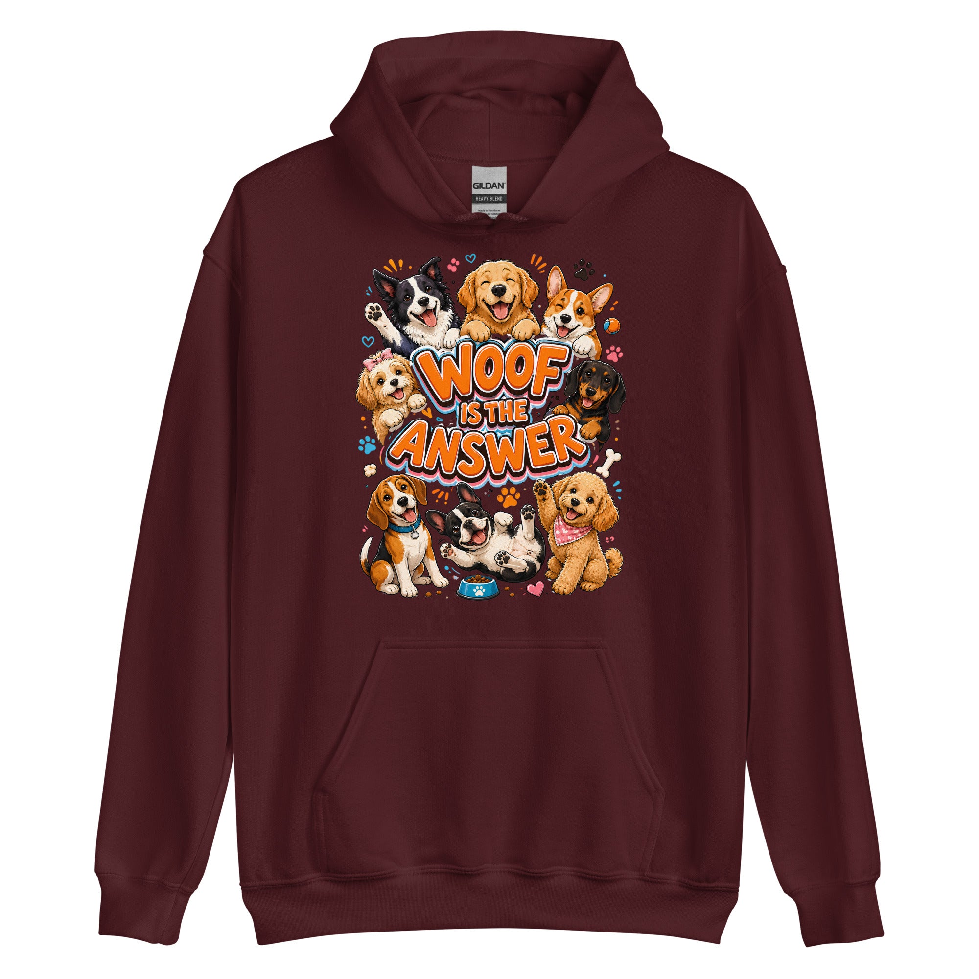 Woof is the Answer Cute Multi-Breed Puppy Unisex Hoodie - Happy Dog Lover Graphic Pullover Sweatshirt by printfluence.net