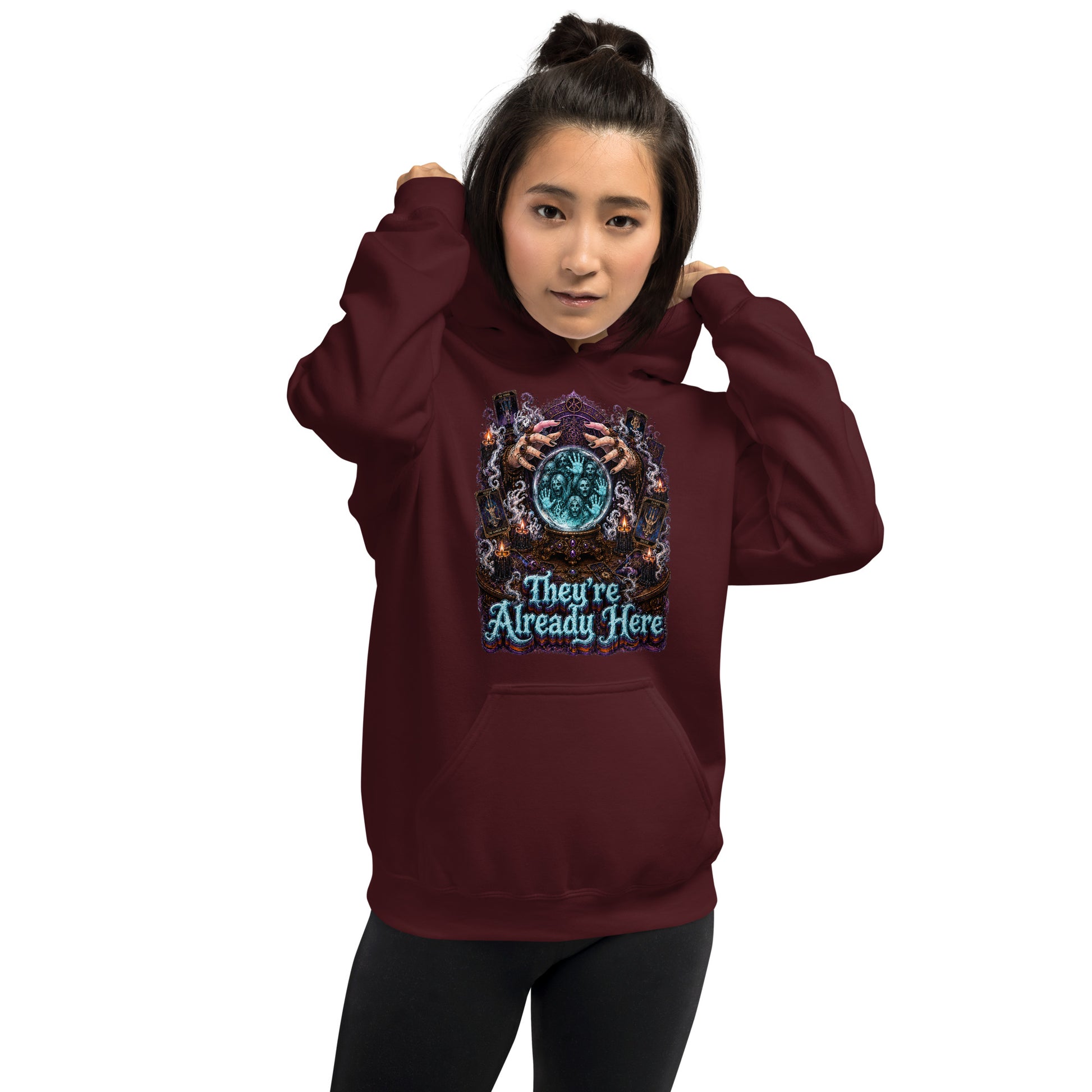 Horror and Mystery Lovers Unisex Heavy Blend Hoodie — "They're Already Here" Fortune Teller Crystal Ball and Tarot Design by printfluence.net