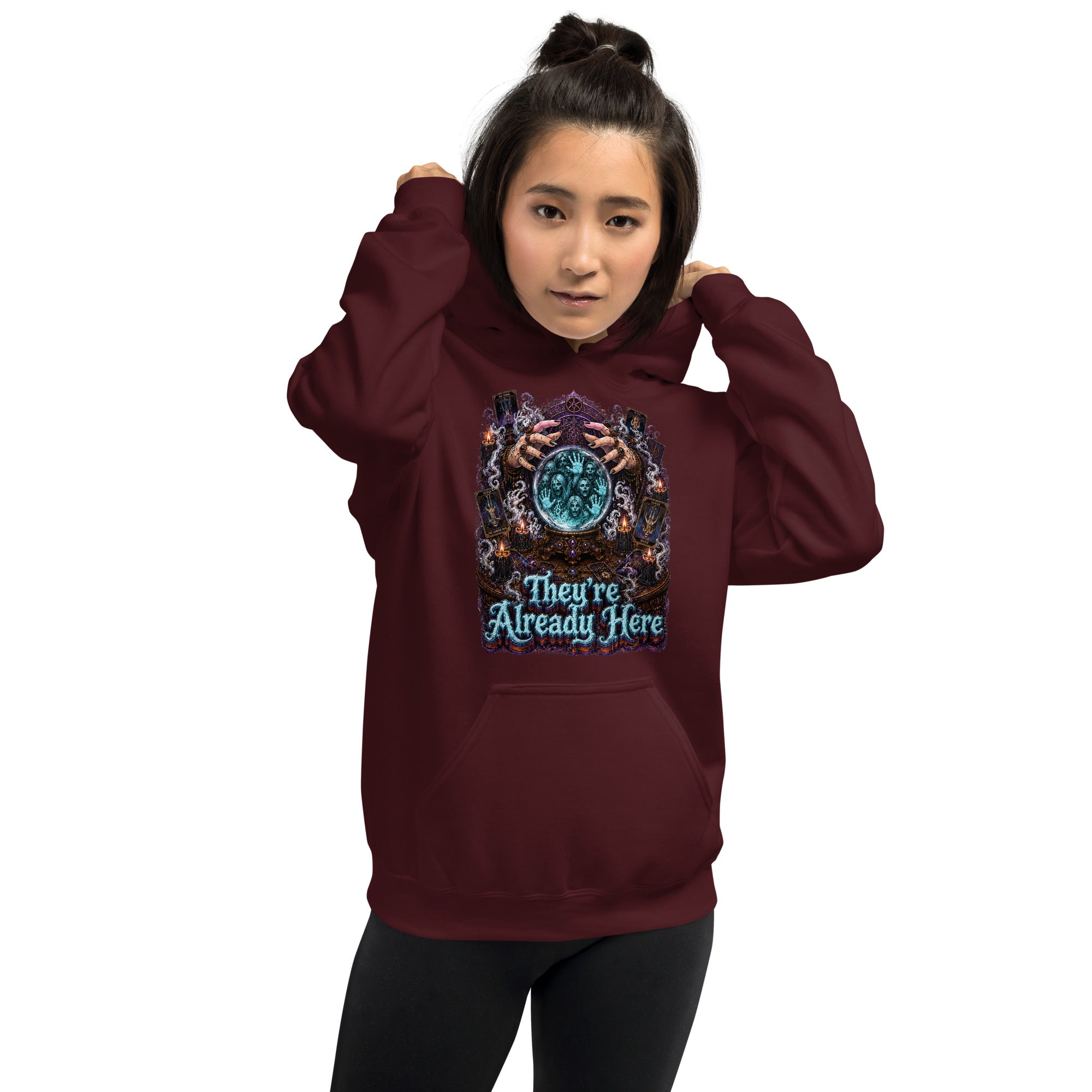 Horror and Mystery Lovers Unisex Heavy Blend Hoodie — "They're Already Here" Fortune Teller Crystal Ball and Tarot Design by printfluence.net