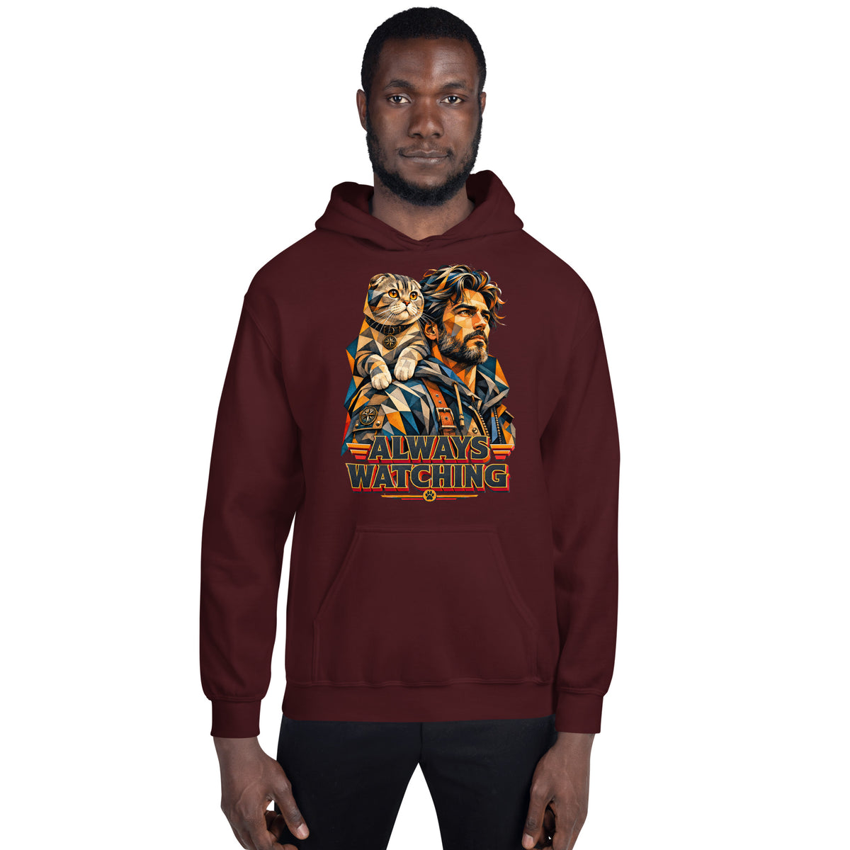 Cat Lovers Unisex Heavy Blend Hoodie – Scottish Fold "Always Watching" Geometric Cat Design by printfluence.net