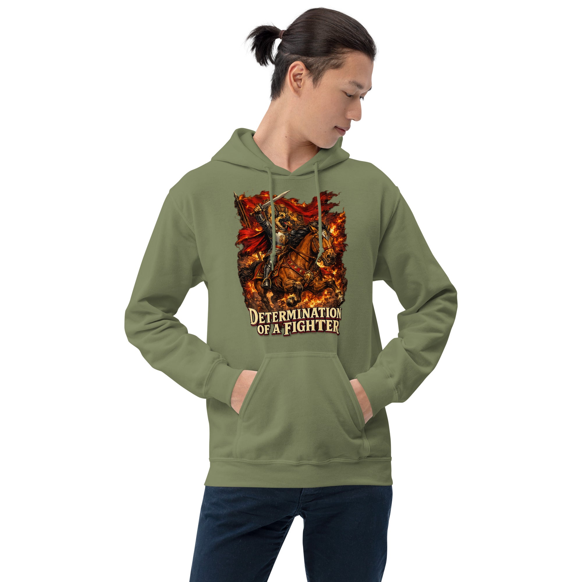 German Shepherd Lovers Unisex Hoodie | "Determination of a Fighter" Medieval Knight Graphic Sweatshirt by printfluence.net