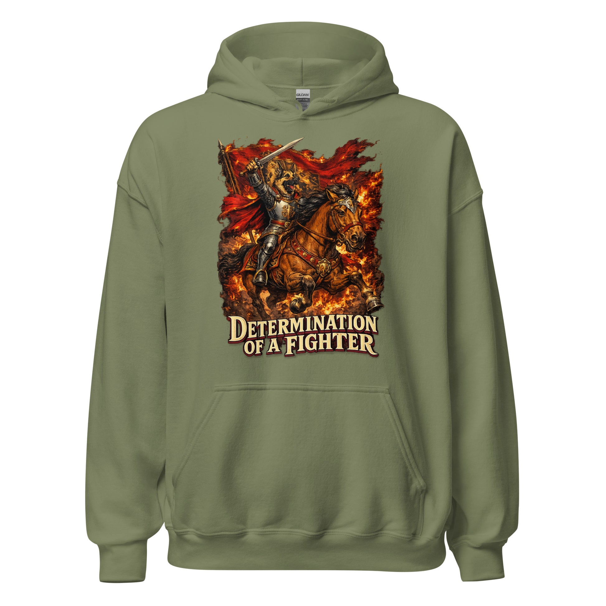 German Shepherd Lovers Unisex Hoodie | "Determination of a Fighter" Medieval Knight Graphic Sweatshirt by printfluence.net