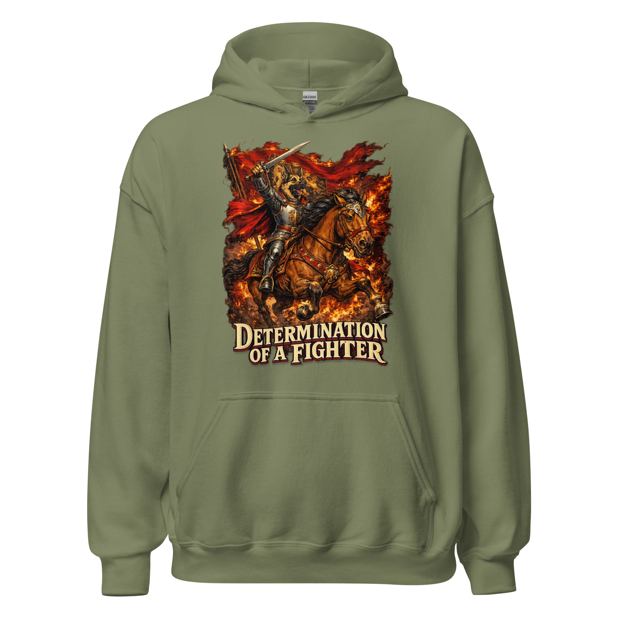 German Shepherd Lovers Unisex Hoodie | "Determination of a Fighter" Medieval Knight Graphic Sweatshirt by printfluence.net