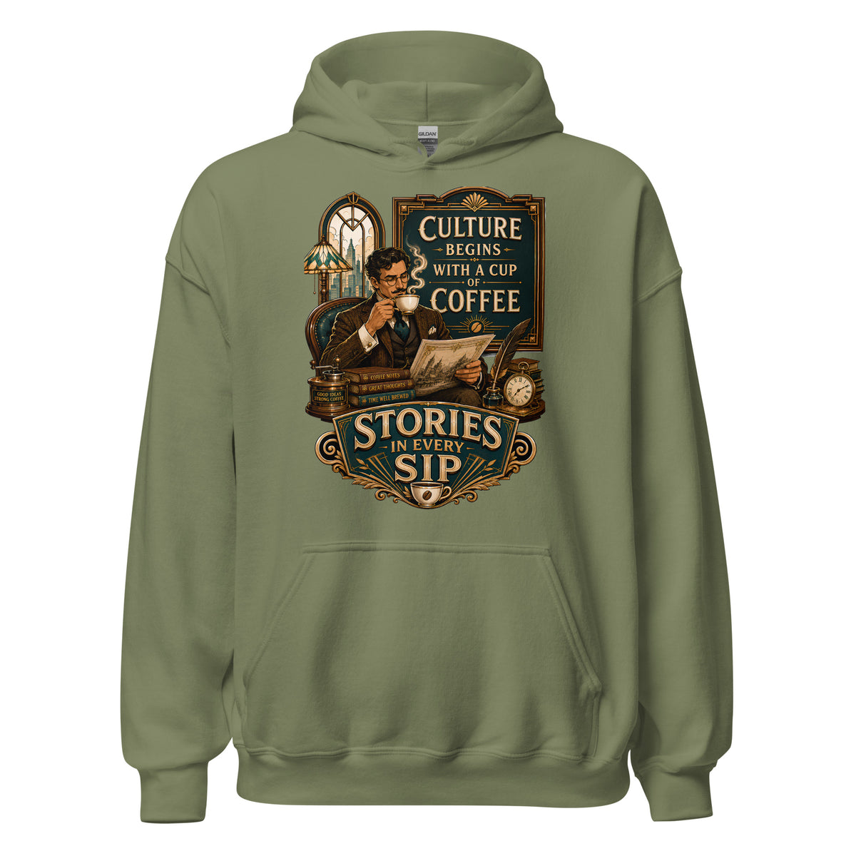 Coffee Lovers Unisex Hoodie Stories in Every Sip – Vintage Gentleman & Intellectual Coffee Graphic Pullover by printfluence.net