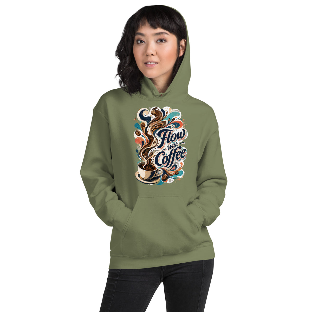 Coffee Lovers Unisex Hoodie Flow with Coffee – Abstract Swirl & Coffee Bean Graphic Pullover by printfluence.net