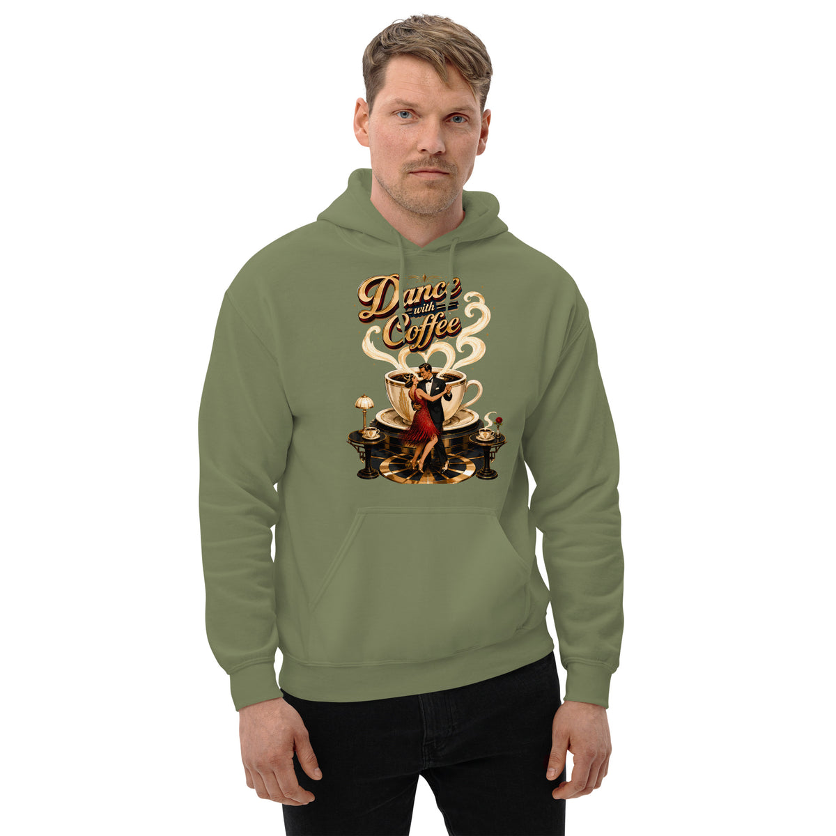Coffee Lovers Unisex Hoodie Dance with Coffee – Art Deco Dancer & Giant Cup Graphic Pullover by printfluence.net