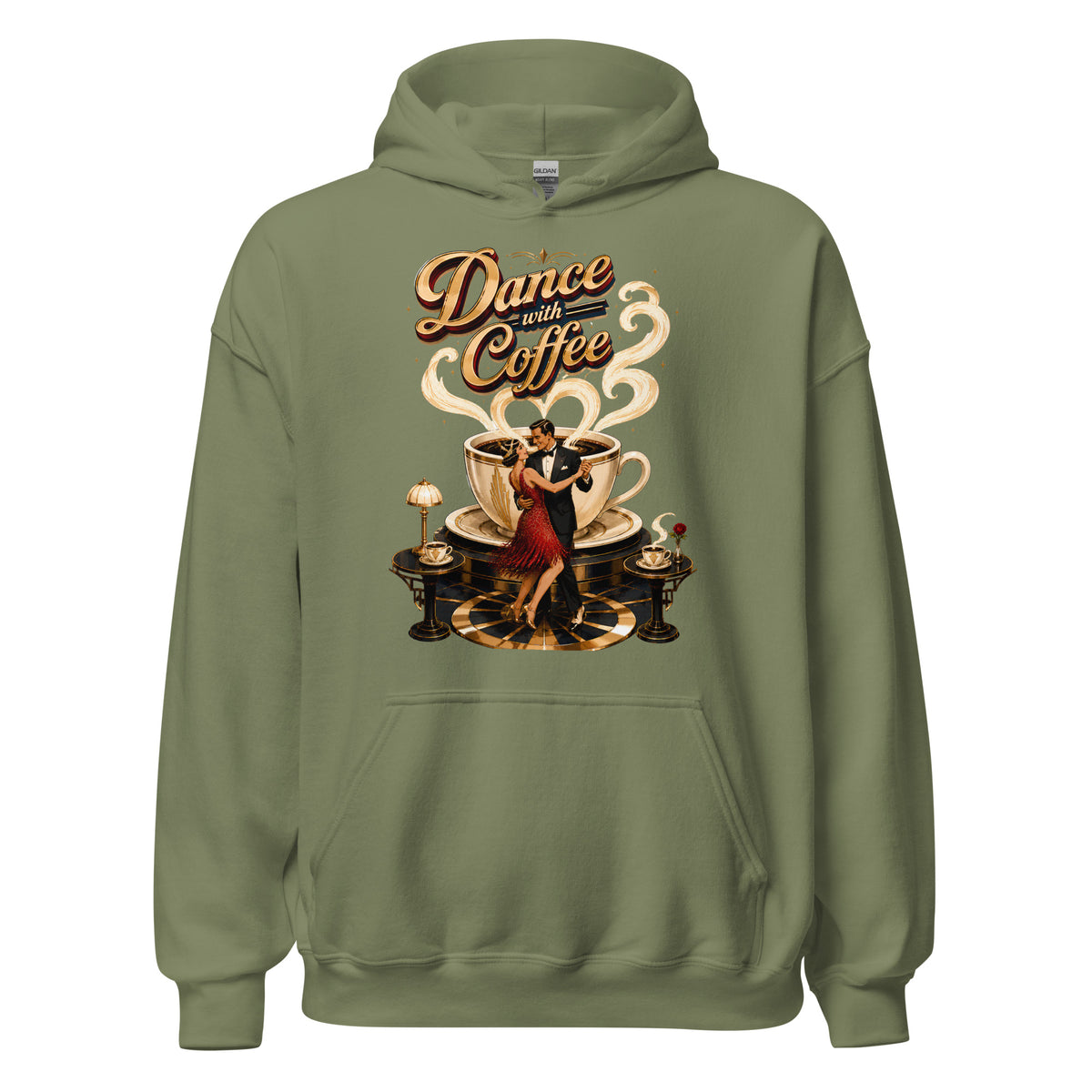 Coffee Lovers Unisex Hoodie Dance with Coffee – Art Deco Dancer & Giant Cup Graphic Pullover by printfluence.net