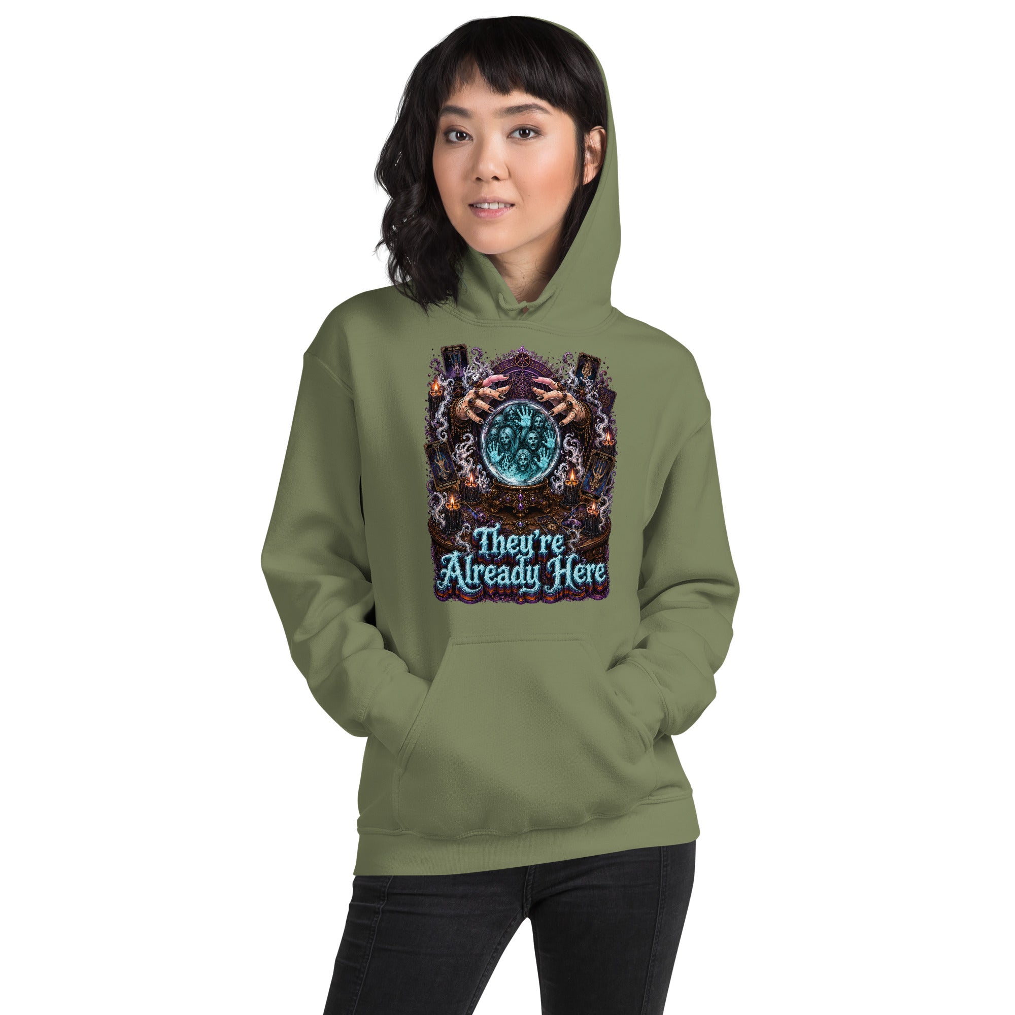Horror and Mystery Lovers Unisex Heavy Blend Hoodie — "They're Already Here" Fortune Teller Crystal Ball and Tarot Design by printfluence.net