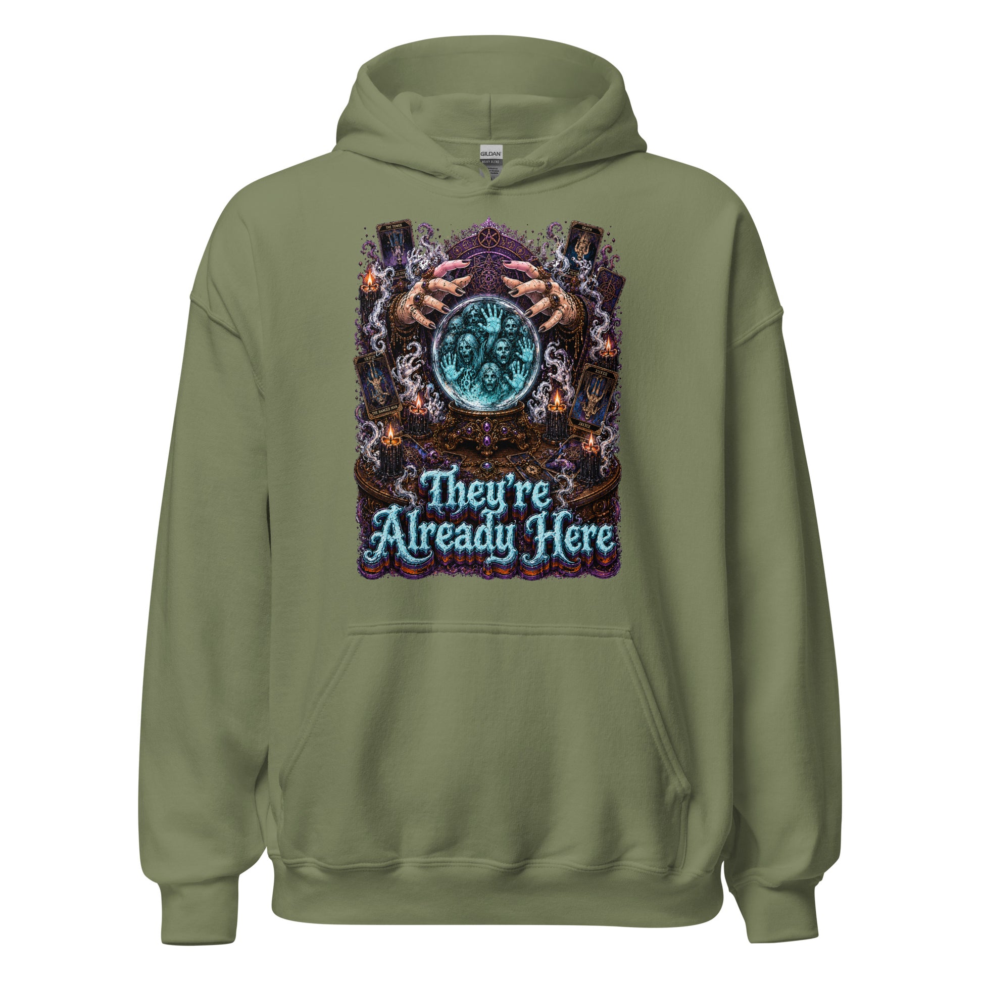 Horror and Mystery Lovers Unisex Heavy Blend Hoodie — "They're Already Here" Fortune Teller Crystal Ball and Tarot Design by printfluence.net