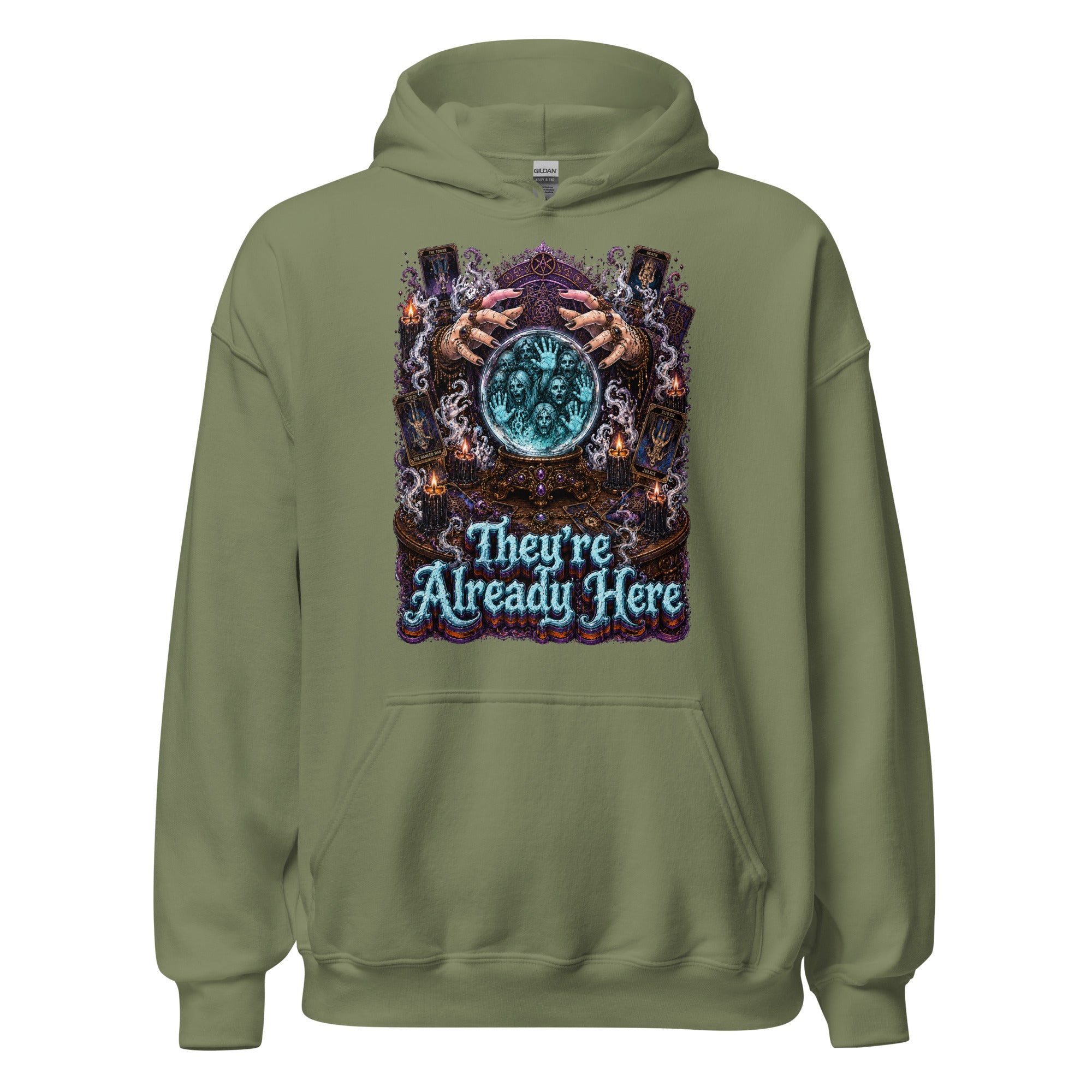 Horror and Mystery Lovers Unisex Heavy Blend Hoodie — "They're Already Here" Fortune Teller Crystal Ball and Tarot Design by printfluence.net