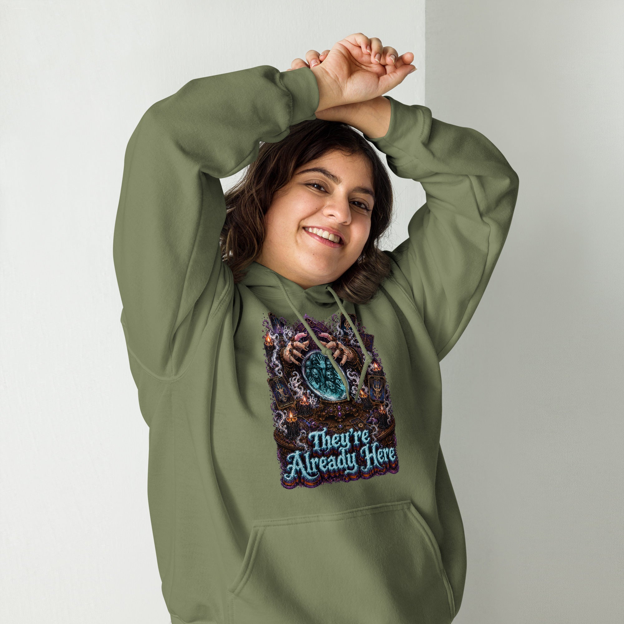 Horror and Mystery Lovers Unisex Heavy Blend Hoodie — "They're Already Here" Fortune Teller Crystal Ball and Tarot Design by printfluence.net