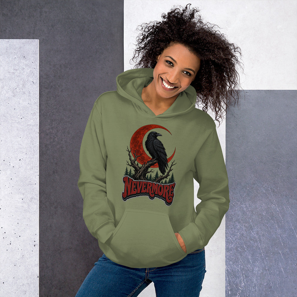 Horror & Mystery Lovers Unisex Heavy Blend Hoodie — "Nevermore" Blood Moon Raven and Dead Tree Design by printfluence.net