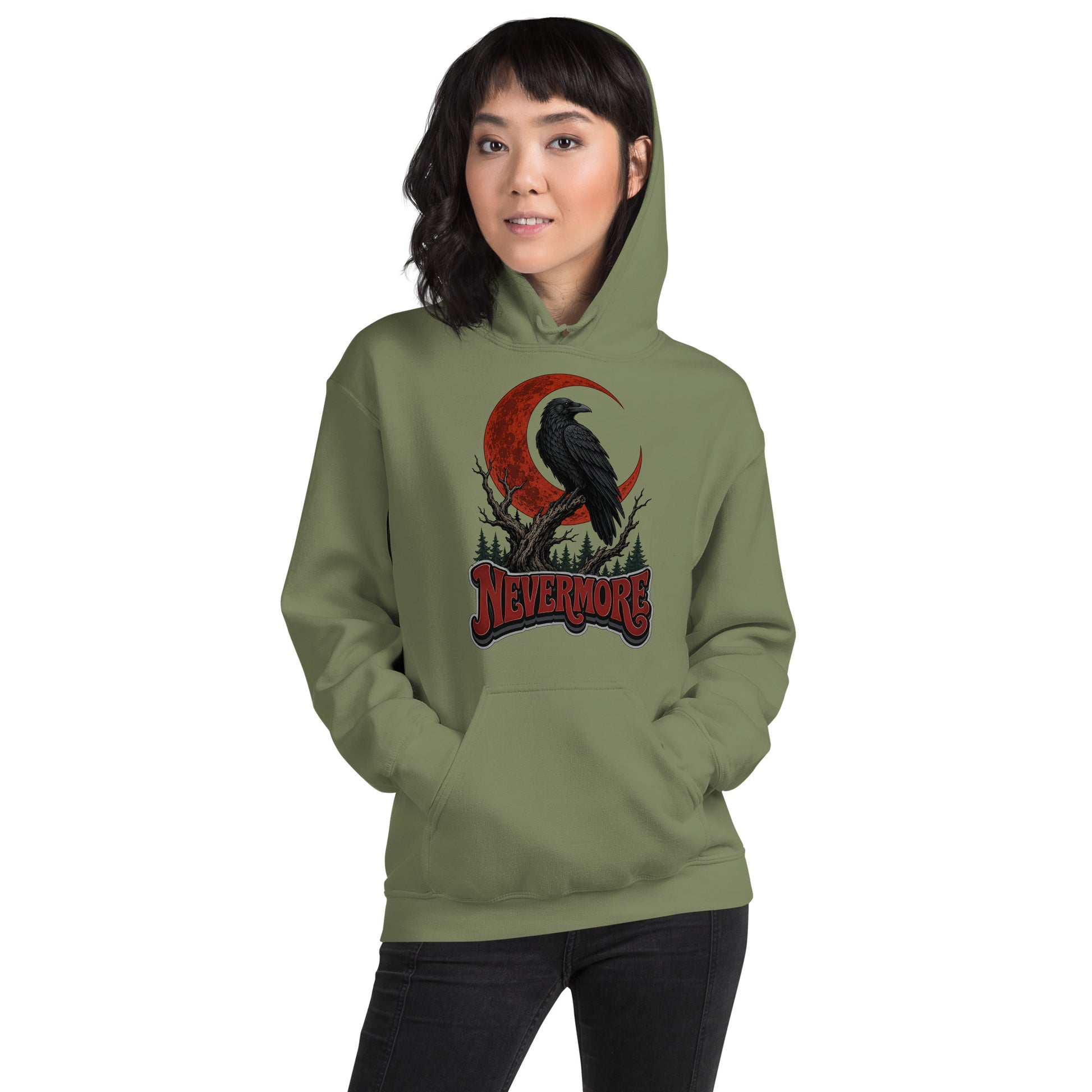 Horror & Mystery Lovers Unisex Heavy Blend Hoodie — "Nevermore" Blood Moon Raven and Dead Tree Design by printfluence.net