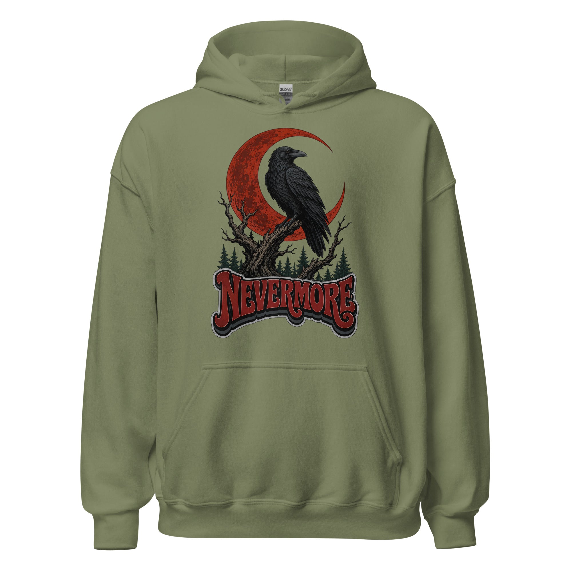 Horror & Mystery Lovers Unisex Heavy Blend Hoodie — "Nevermore" Blood Moon Raven and Dead Tree Design by printfluence.net