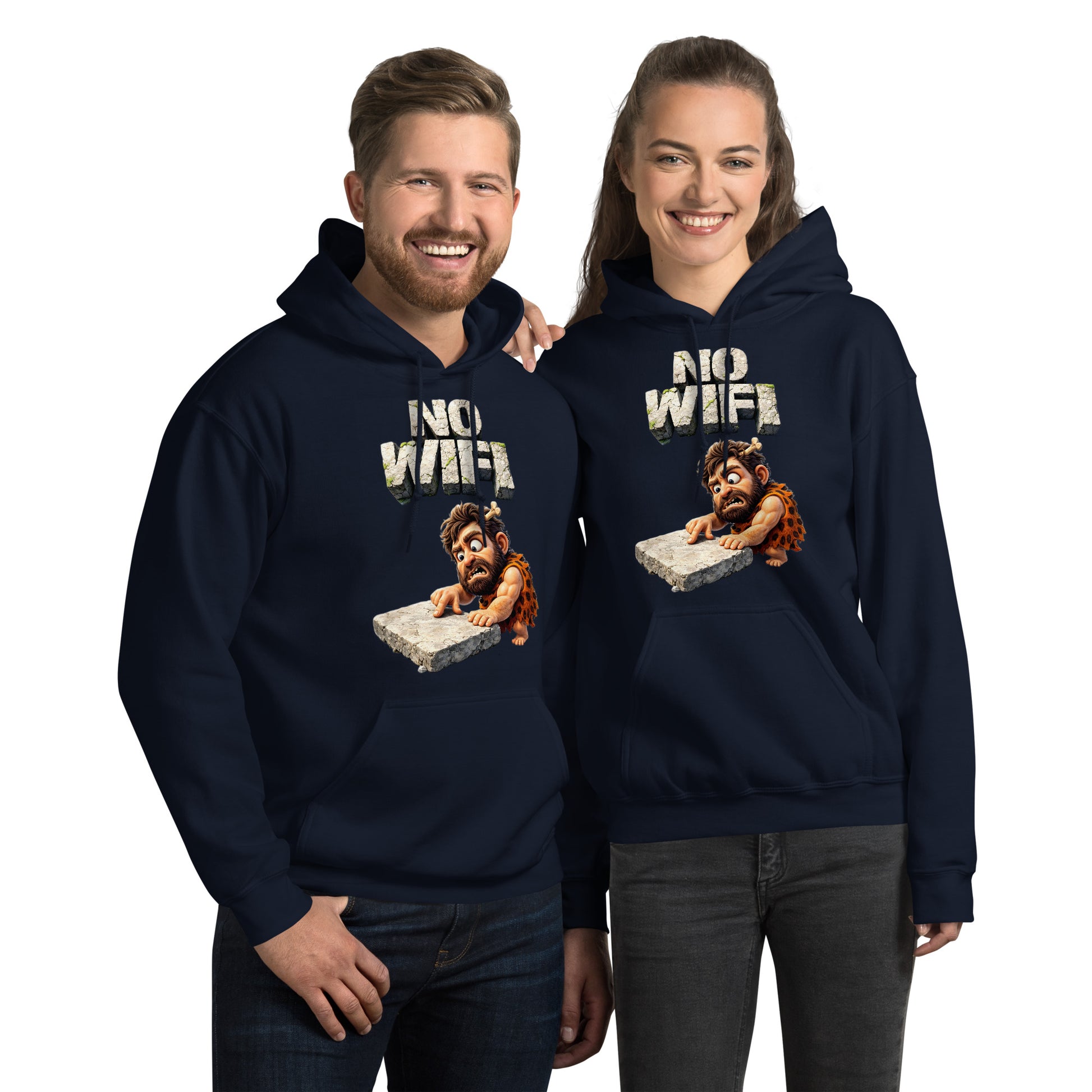 Unisex Hoodie - Prehistoric Struggle: "NO WIFI" Funny Caveman Unisex Hoodie 🦴📴 by printfluence.net